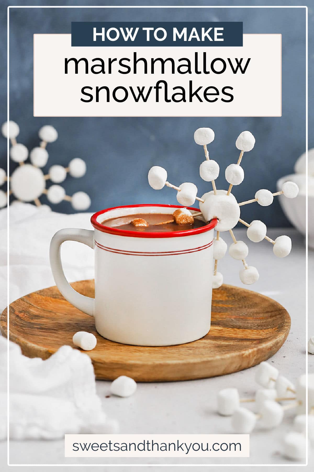 How To Make Marshmallow Snowflakes - Learn how to make marshmallow and toothpick snowflakes to decorate your next mug of hot cocoa! It only takes minutes & it's so fun! // marshmallow craft // hot chocolate topping // winter activity for kids // snow activity for kids // kids craft // marshmallow art // hot cocoa topping // gluten free recipe // snowflake STEM activity // winter STEM activity