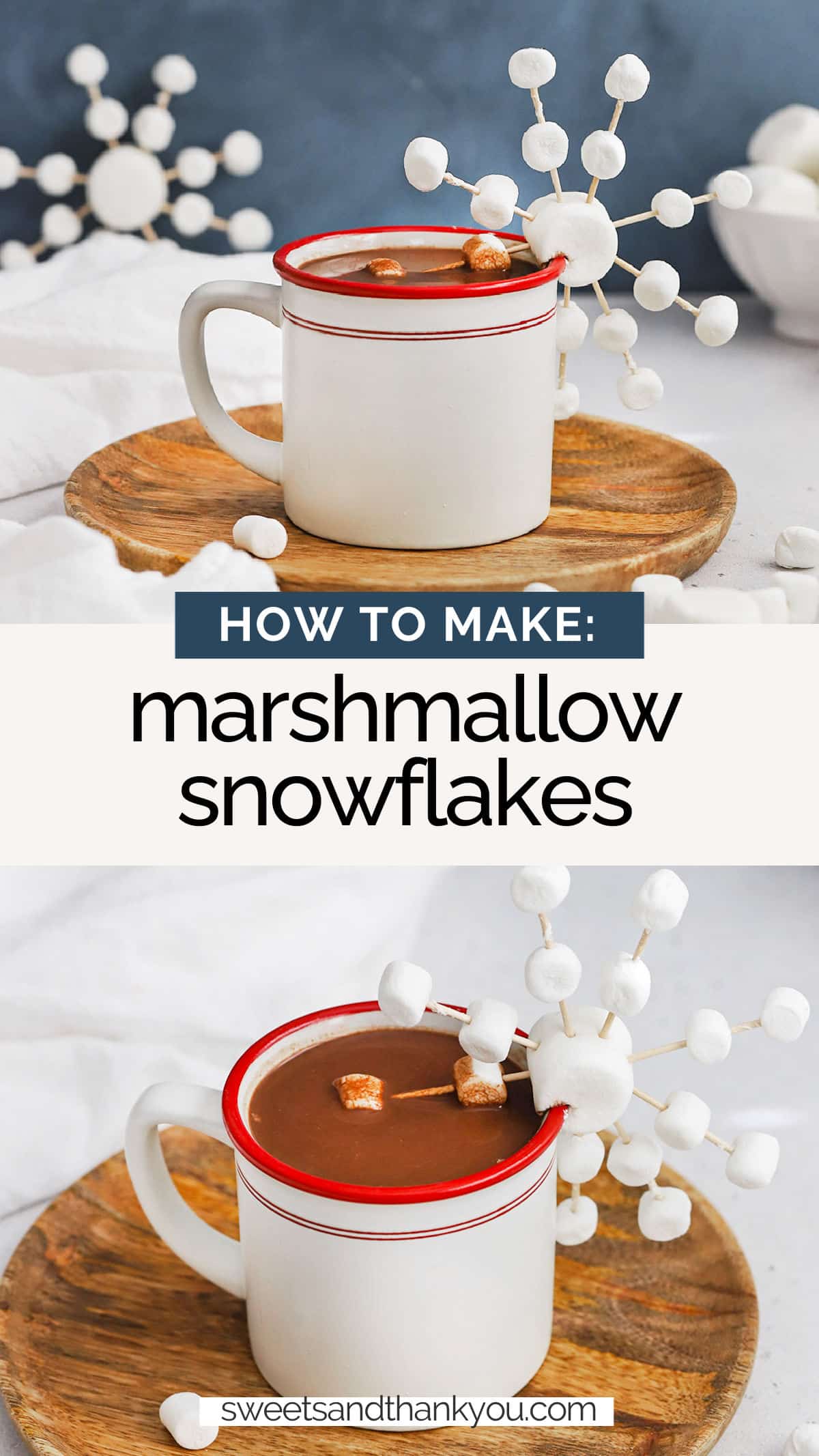 How To Make Marshmallow Snowflakes - Learn how to make marshmallow and toothpick snowflakes to decorate your next mug of hot cocoa! It only takes minutes & it's so fun! // marshmallow craft // hot chocolate topping // winter activity for kids // snow activity for kids // kids craft // marshmallow art // hot cocoa topping // gluten free recipe // snowflake STEM activity // winter STEM activity // snowflake marshmallows / 