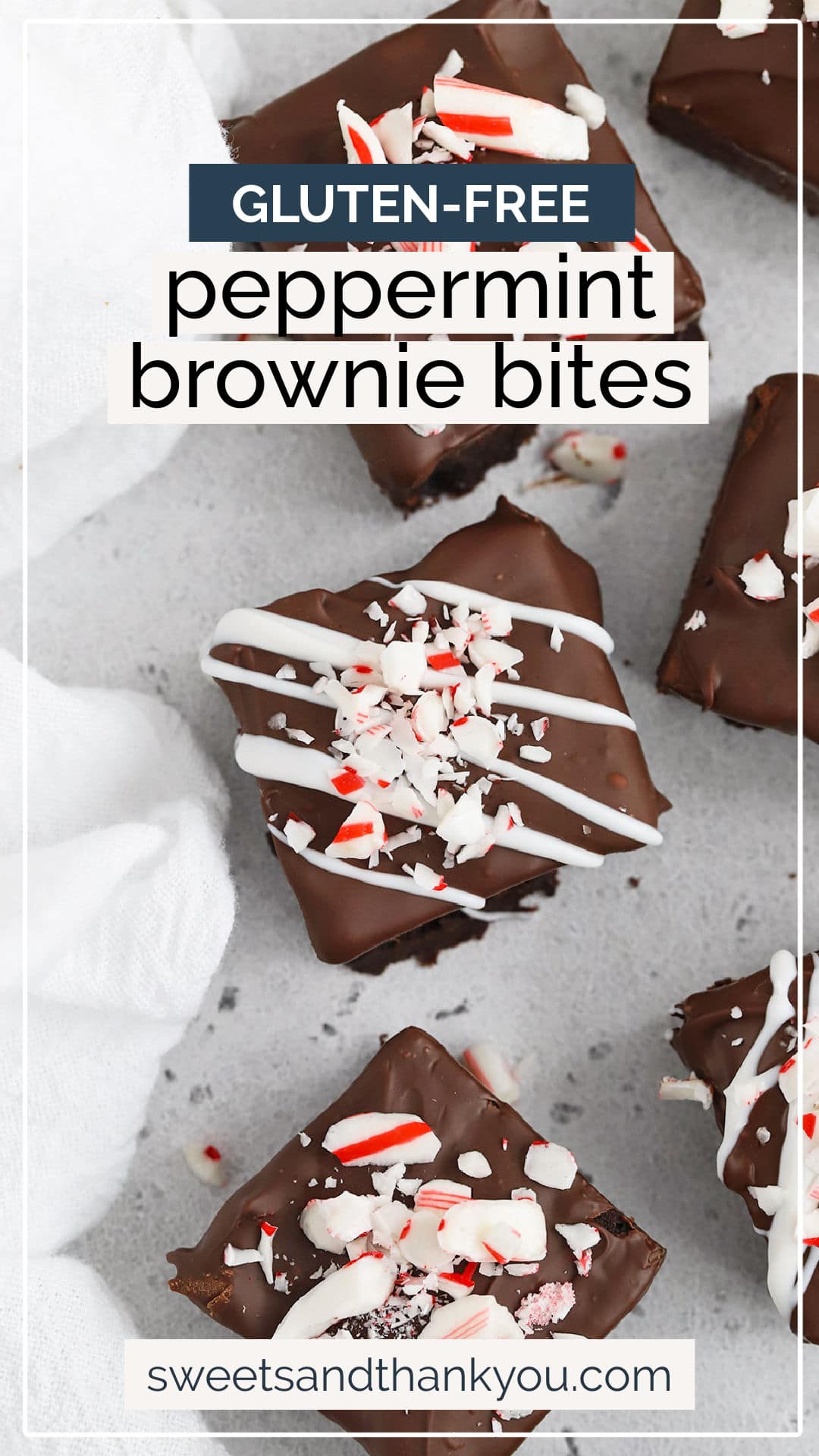  Gluten-Free Peppermint Brownie Bites - These gluten-free brownie bites are dipped in chocolate & coated with crunchy peppermint bits! // Gluten-free peppermint brownies // gluten-free brownie bites recipe // gluten-free christmas cookies // gluten-free holiday dessert // gluten-free christmas recipes