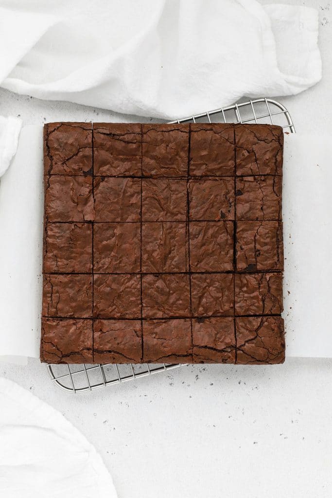 Overhead view of gluten-free peppermint brownies cut into small squares for brownie bites