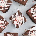 Overhead view of gluten-free peppermint brownie bites topped with crushed candy canes
