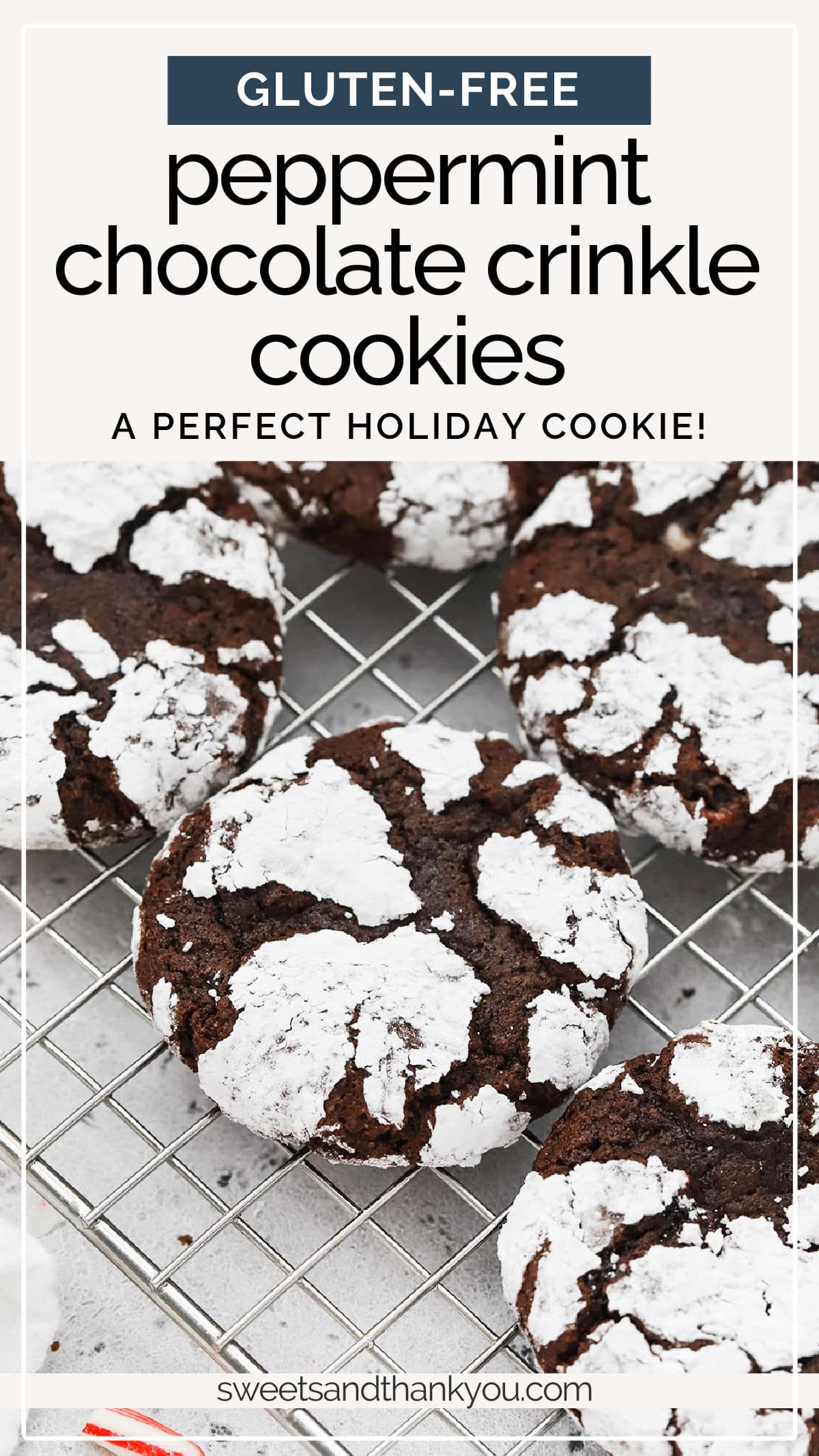 Gluten-Free Peppermint Chocolate Crinkle Cookies - Take best gluten-free chocolate crinkle cookies & give them a minty twist for the holidays! // gluten-free holiday cookies // gluten free peppermint crinkles // gluten free crinkles // gluten-free chocolate cookies // gluten free christmas cookies // gluten free chocolate peppermint crinkles