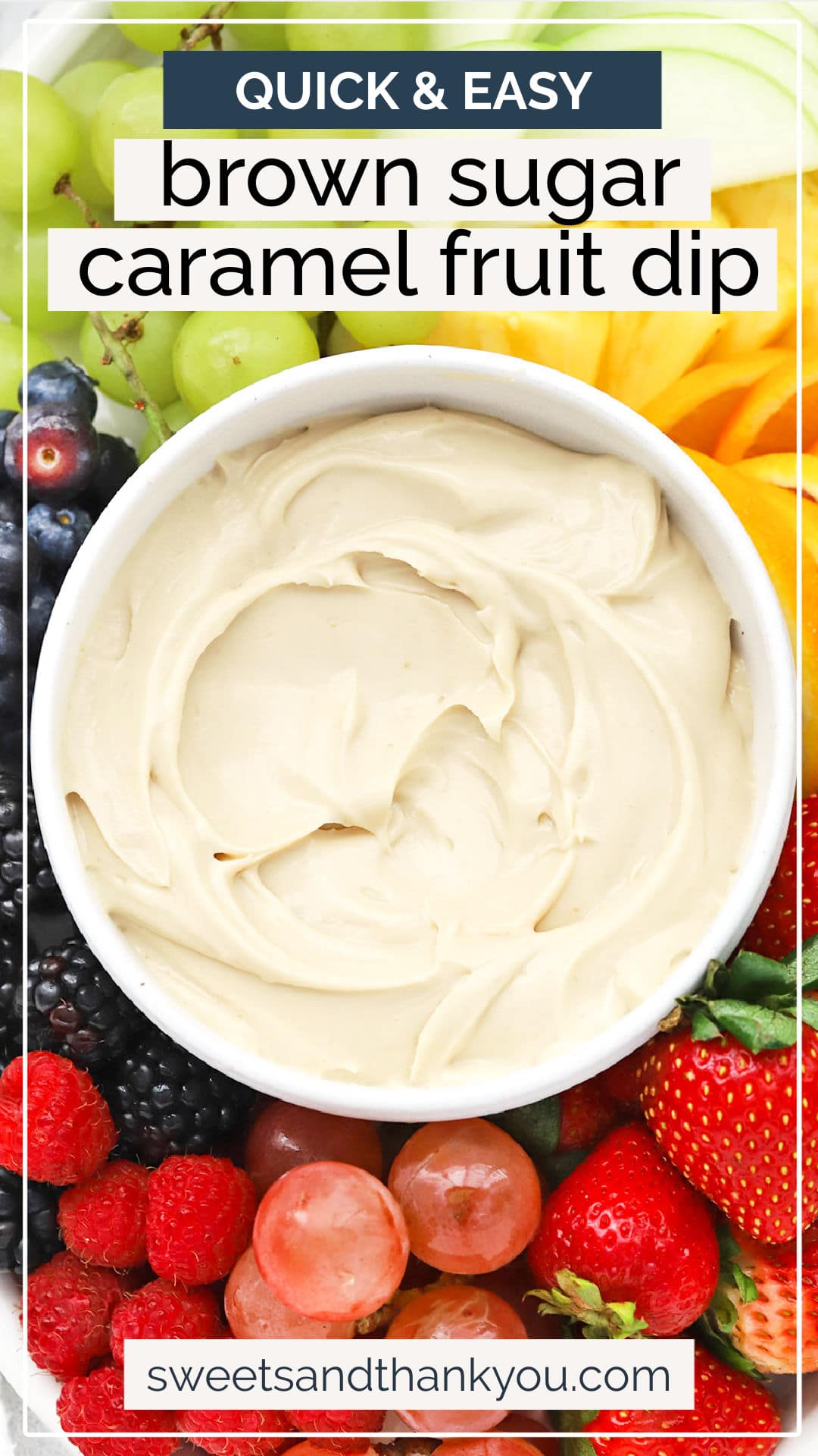 Brown Sugar Cream Cheese Fruit Dip - This easy brown sugar fruit dip recipe only takes 5 ingredients and less than 5 minutes to make. It makes every occasion a little more delicious! // Cream Cheese Fruit Dip Recipe // brown sugar dip // caramel cream cheese fruit dip // party fruit dip // fruit tray // gluten free fruit dip // fruit dip without yogurt // fruit dip without sour cream // caramel brown sugar fruit dip // Sweets & Thank You recipes