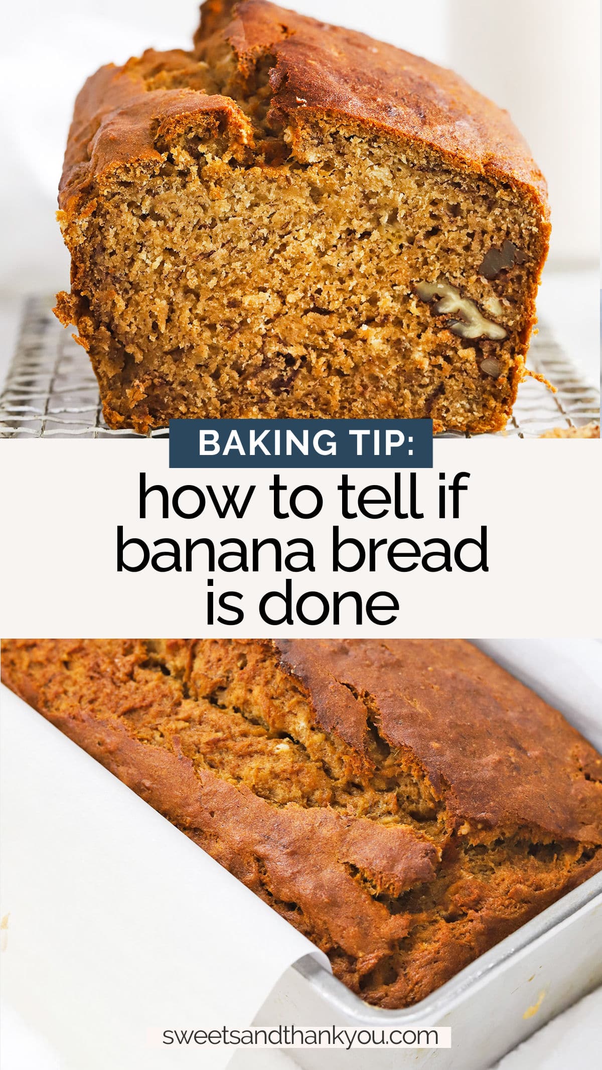 How To Tell When Banana Bread Is Done - How do you know your banana bread is done? We'll walk you through our tried & true tricks so you don't end up with under-baked banana bread again. // how to fix undercooked banana bread // how to tell if banana bread is done // how to tell if banana bread is cooked all the way through // baking tips // gluten free baking tips // banana bread tips // toothpick trick // how to tell if banana bread is cooked without a thermometer // 