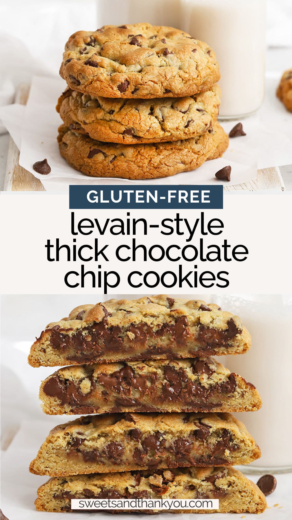 Gluten-Free Levain Chocolate Chip Cookies - Learn how to make Levain Bakery style thick gluten-free chocolate chip cookies at home! // thick gluten-free chocolate chip cookies // Levain copycat chocolate chip cookies // gluten-free levain two-chip chocolate chip cookies // the best gluten-free chocolate chip cookies // thick gluten-free cookies recipe // Sweets and Thank You Levain Cookies // Sweets & Thank You Levain Chocolate Chip Cookies