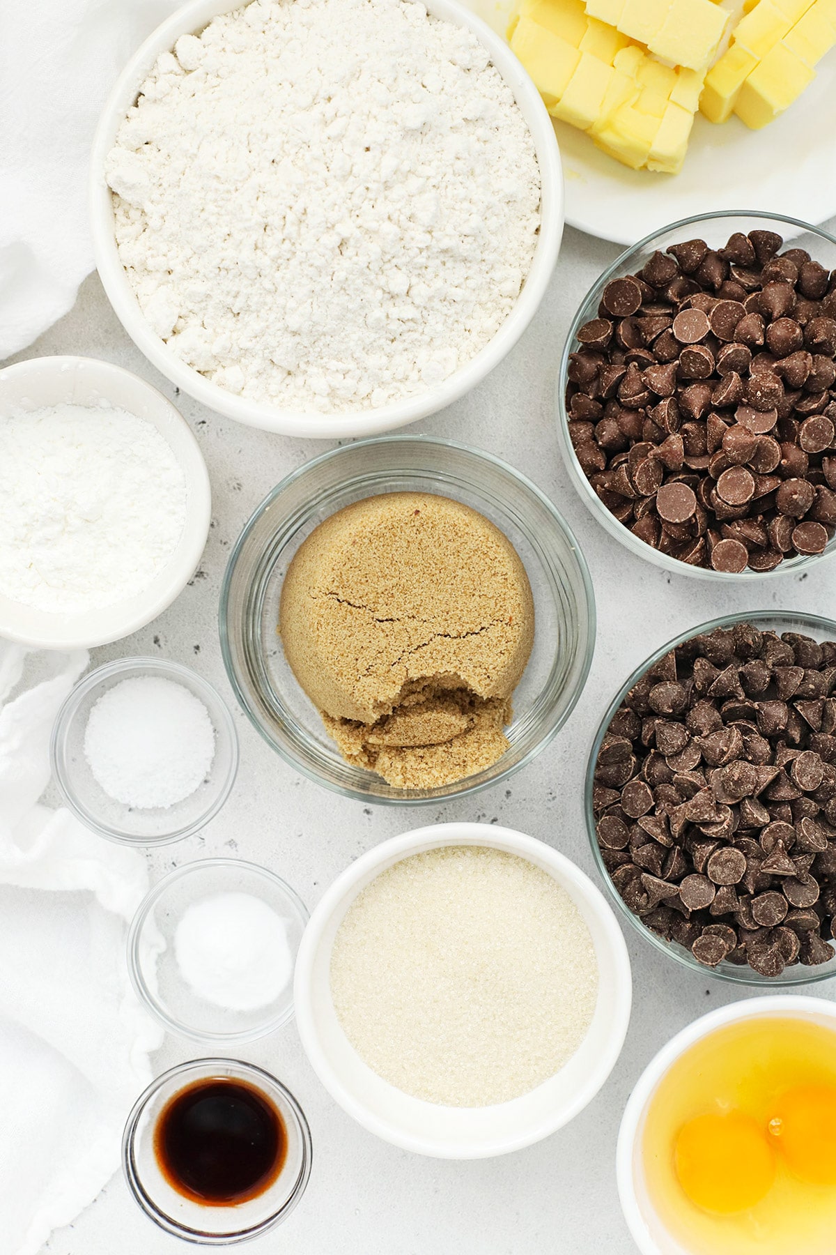 Overhead view of ingredients for thick gluten-free chocolate chip cookies