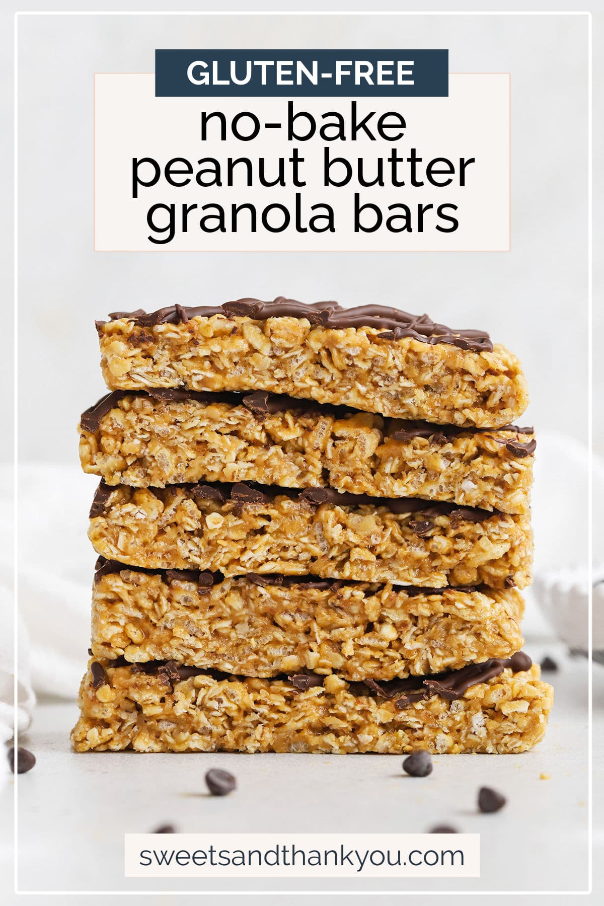 No-Bake Peanut Butter Granola Bars - These healthy homemade peanut butter granola bars are so easy and delicious! You only need a few ingredients & a few minutes to make them! (Gluten-Free, Vegan-Friendly) // soft peanut butter granola bars // healthy peanut butter granola bars // healthy granola bars // gluten-free granola bars // homemade granola bars recipe // soft granola bars // gluten-free snack // healthy snack // chocolate peanut butter granola bars // sweets and thank you granola bars
