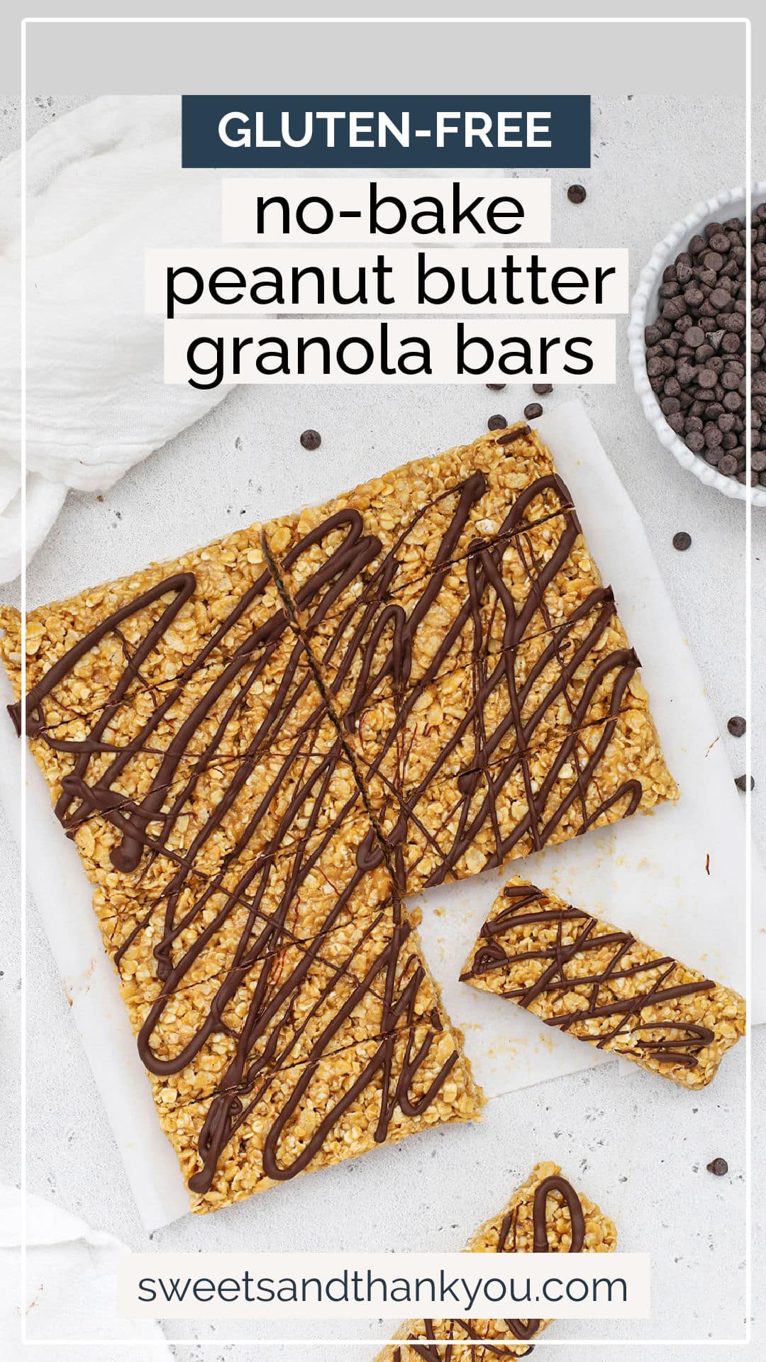No-Bake Peanut Butter Granola Bars - These healthy homemade peanut butter granola bars are so easy and delicious! You only need a few ingredients & a few minutes to make them! (Gluten-Free, Vegan-Friendly) // soft peanut butter granola bars // healthy peanut butter granola bars // healthy granola bars // gluten-free granola bars // homemade granola bars recipe // soft granola bars // gluten-free snack // healthy snack // chocolate peanut butter granola bars // sweets and thank you granola bars
