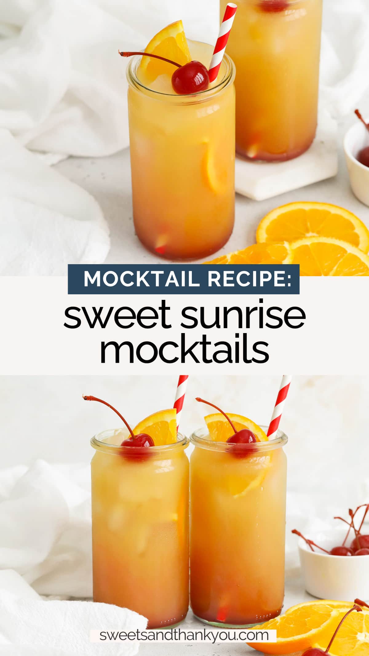 Sweet Sunrise Mocktail - This colorful virgin sunrise drink is as gorgeous as it is refreshing! It's the perfect sweet drink to sip for a special occasion. Non-alcoholic sunrise cocktail // sunrise mocktail recipe // orange juice grenadine mocktails // non alcoholic sunrise // grenadine mocktail recipe // mocktails with grenadine // virgin tequila sunrise // virgin sunrise drink // sunrise mocktail drink // orange juice mocktail // Sweets And Thank You Sunrise Mocktails