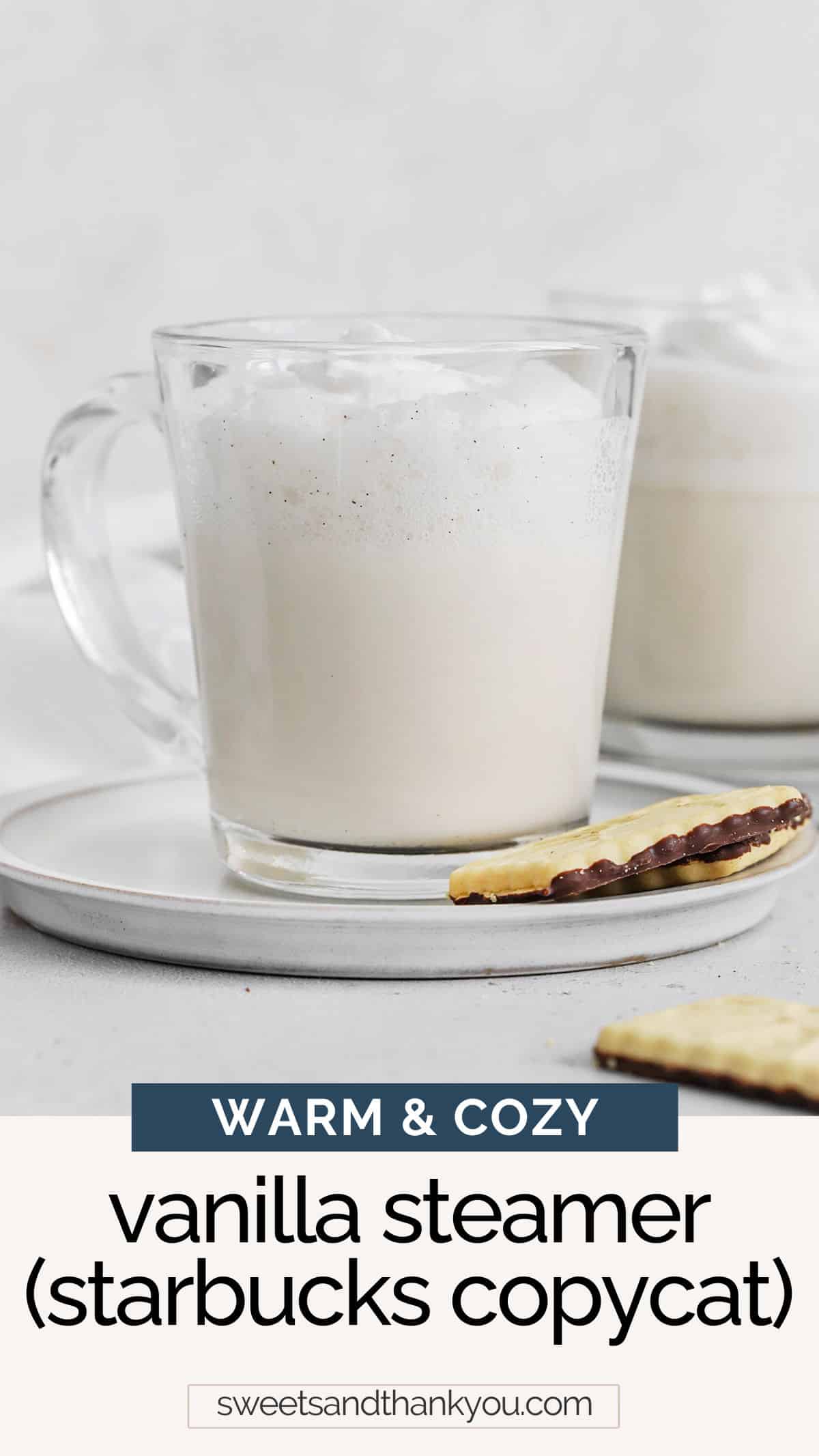 Homemade Vanilla Steamer - This kid-friendly Starbucks vanilla steamer recipe couldn't be easier. It's warming, soothing & caffeine free! // starbucks kid drinks // hot drinks // warm drinks // kids drink // kids starbucks drink // vanilla bean steamer // hot vanilla milk // hot vanilla drink // vanilla drinks // starbucks copycat recipe // caffeine free drinks // vegan vanilla steamer // dairy free vanilla steamer