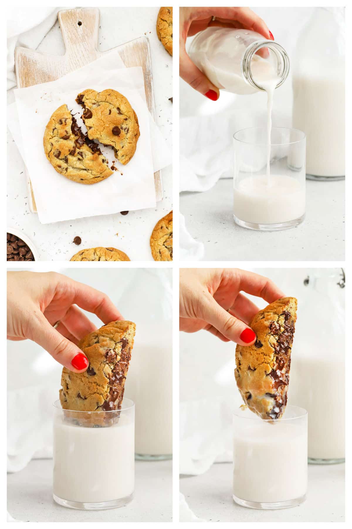 breaking a gluten-free levain cookie in half and dipping in a cup of milk