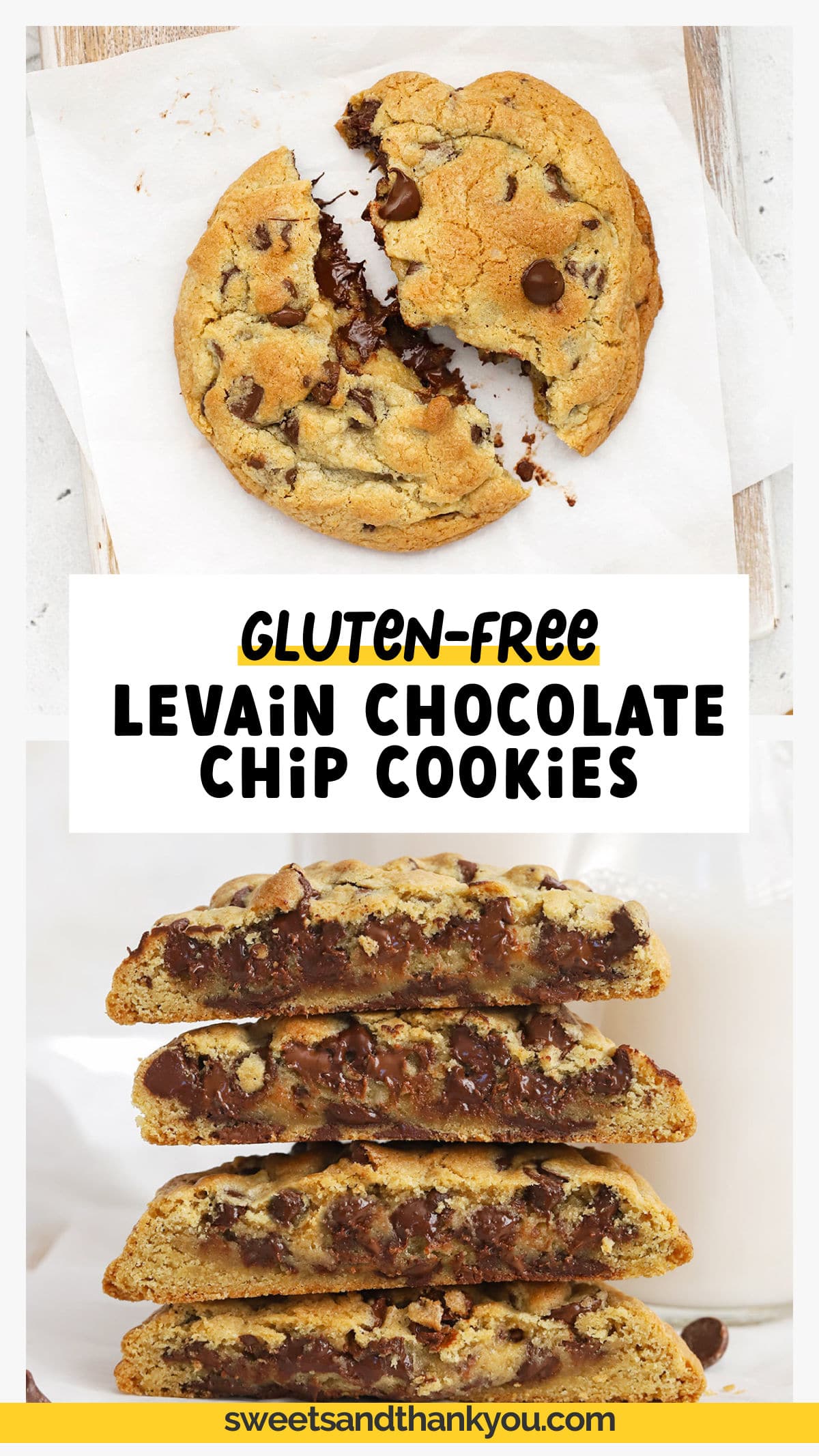 The BEST Gluten-Free Levain Chocolate Chip Cookies! Learn how to make Levain Bakery style thick gluten-free chocolate chip cookies at home with this easy recipe. These bakery-style gluten-free chocolate chip cookies are golden brown and delicately crisp on the outside and soft and gooey on the inside. They're the perfect cookie for chocolate lovers! Get our Levain copycat gluten-free chocolate chip cookies recipe & tips for perfect bakery-style cookies at Sweets & Thank You!