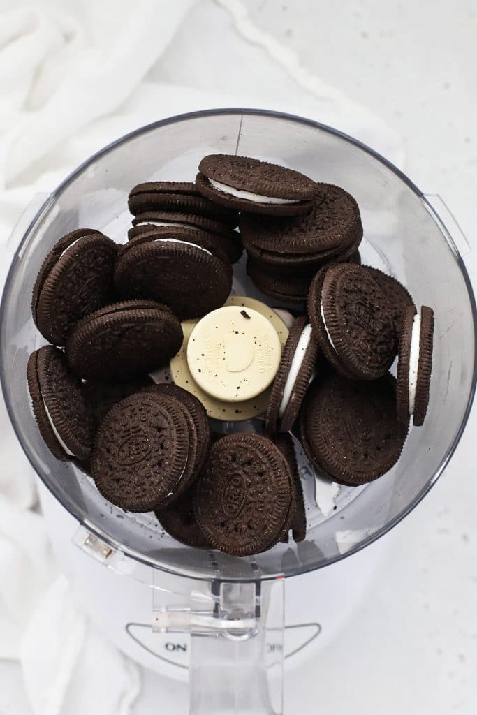 Putting gluten-free oreos in a food processor to make crumbs for gluten-free Oreo pie crust
