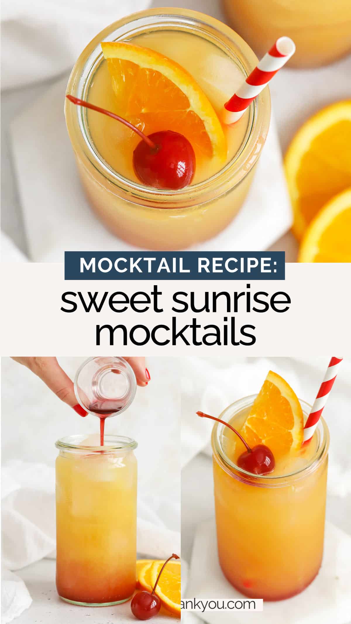 Sweet Sunrise Mocktail - This colorful virgin sunrise drink is as gorgeous as it is refreshing! It's the perfect sweet drink to sip for a special occasion. Non-alcoholic sunrise cocktail // sunrise mocktail recipe // orange juice grenadine mocktails // non alcoholic sunrise // grenadine mocktail recipe // mocktails with grenadine // virgin tequila sunrise // virgin sunrise drink // sunrise mocktail drink // orange juice mocktail // Sweets And Thank You Sunrise Mocktails