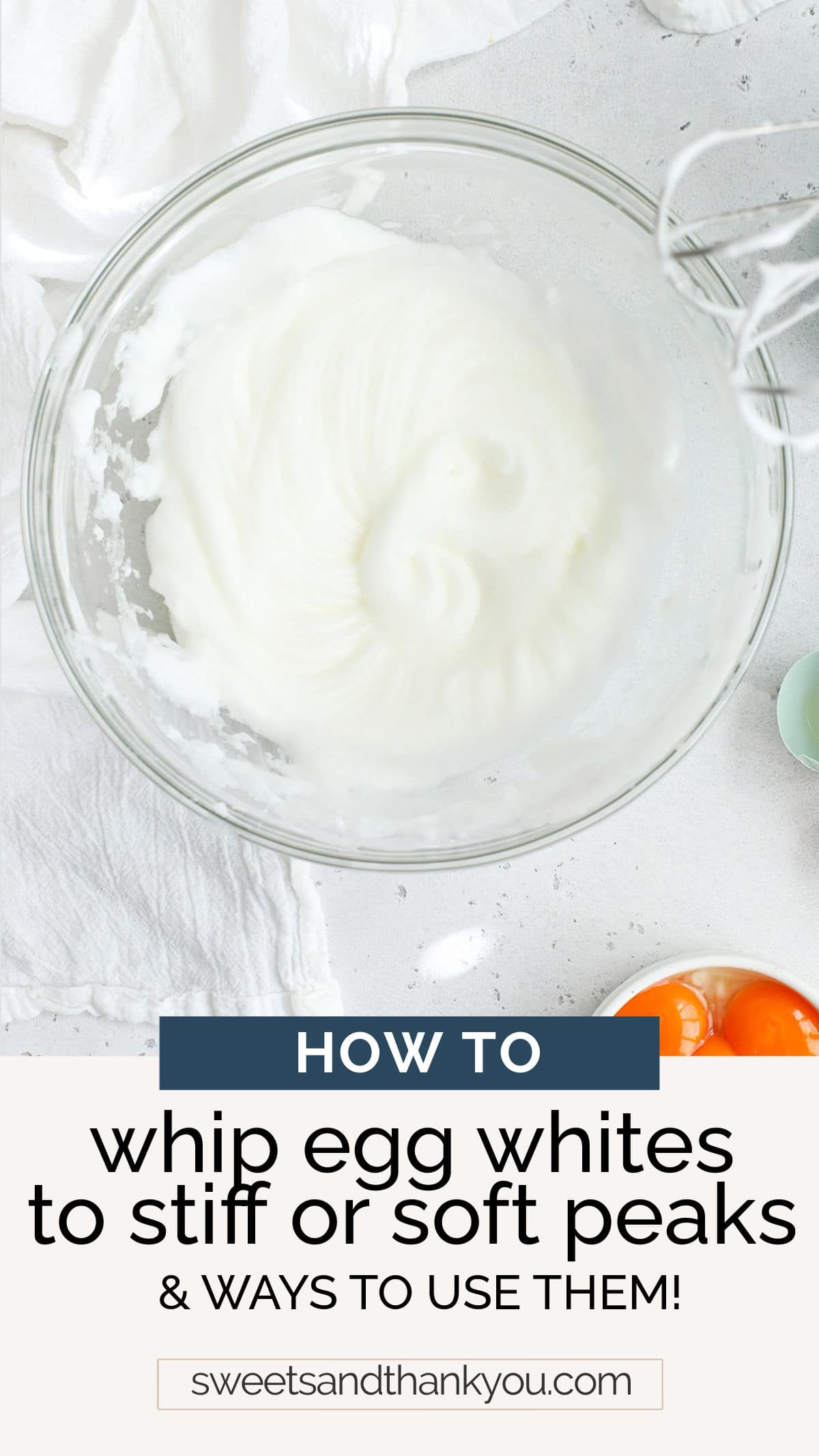 How To Whip Egg Whites - Learn how to whip egg whites into stiff peaks or soft peaks for all your favorite recipes. Don't miss our tips! // how to whip egg whites to stiff peaks // egg whites stiff peaks // egg whites soft peaks // why won't my eggs whip // whipping egg whites // soft peaks vs. firm peaks // soft peaks vs firm peaks // how to whip an egg white // how to use whipped egg whites // how long does it take to whip egg whites