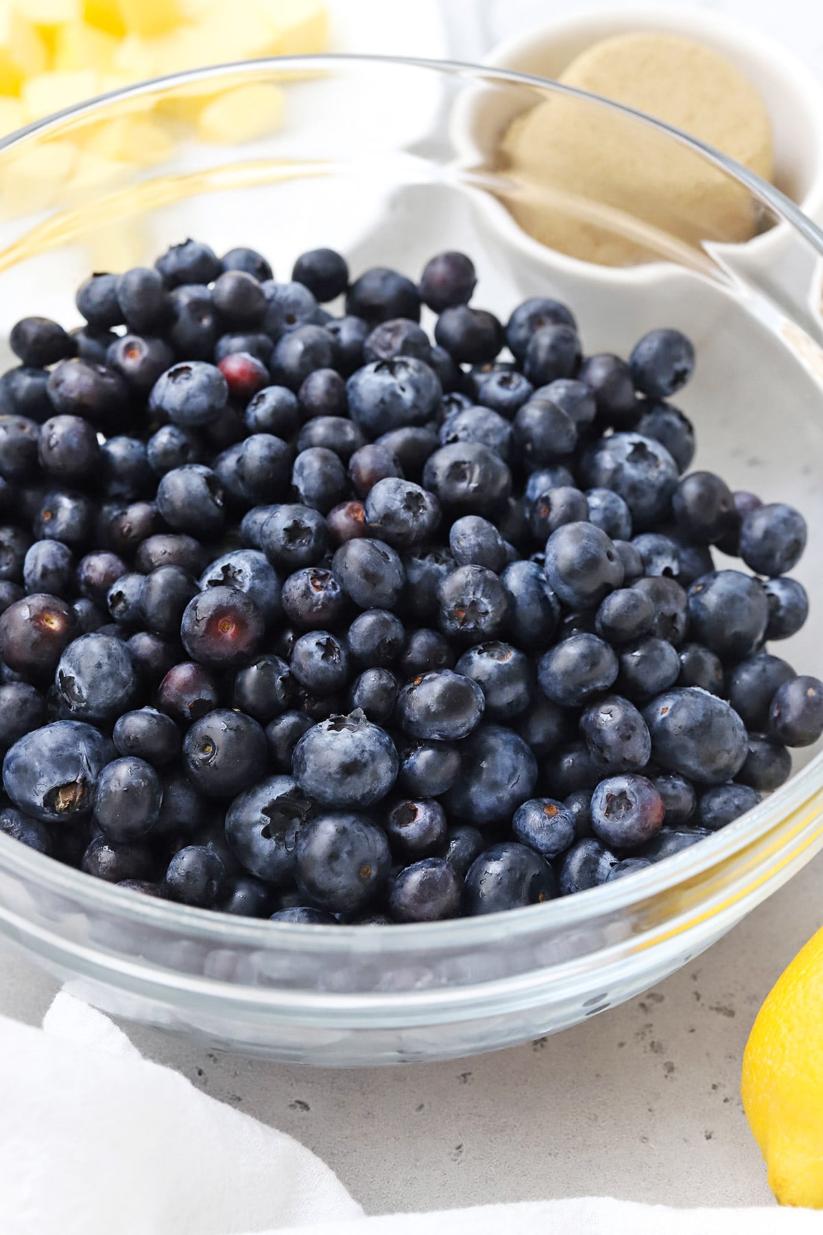 Front view of ingredients for gluten-free blueberry crumble