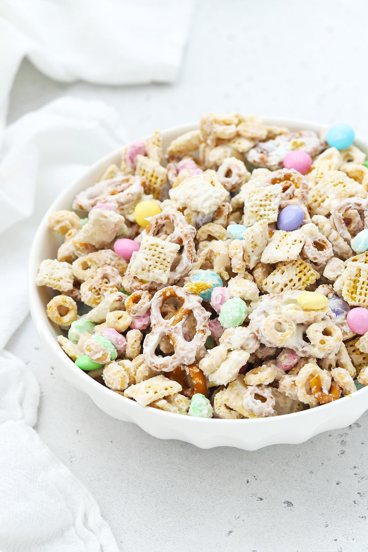 Overhead view of a bowl of gluten-free Bunny Bait easter Chex Mix