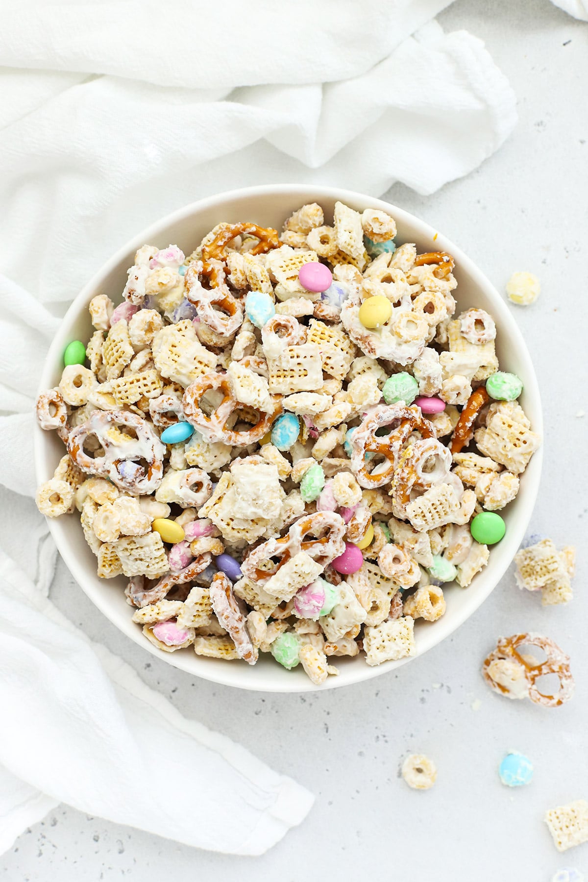 Overhead view of a bowl of gluten-free Bunny Bait easter Chex Mix