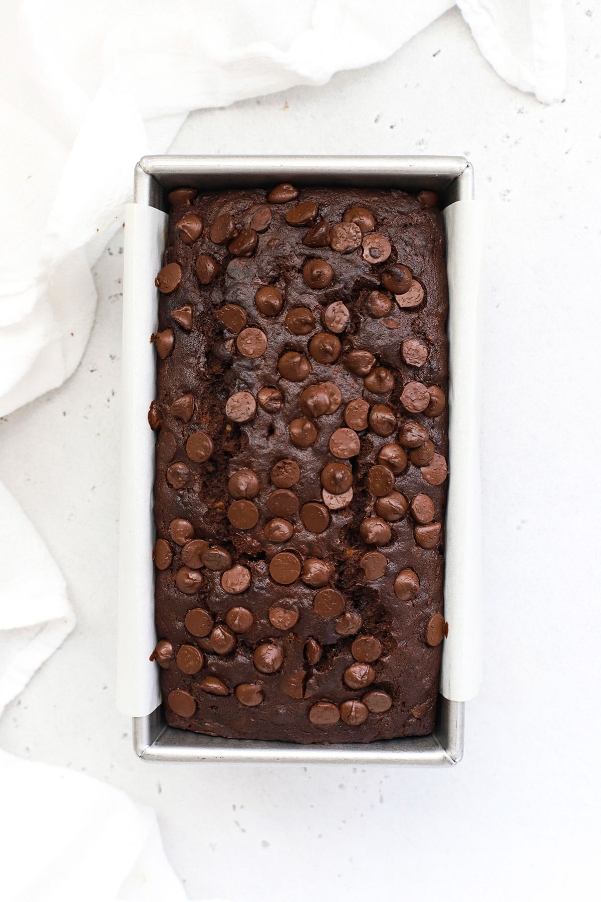 Overhead view of a loaf of gluten-free double chocolate banana bread