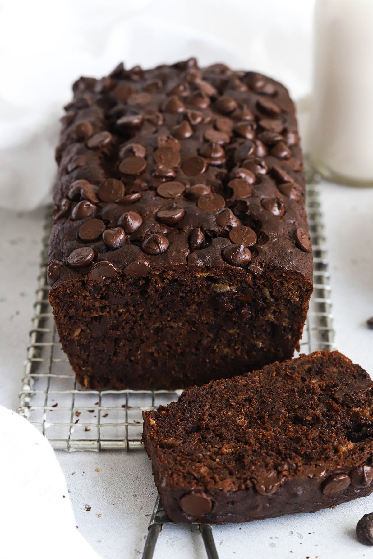 Front view of a loaf of one bowl gluten-free chocolate chocolate chip banana bread
