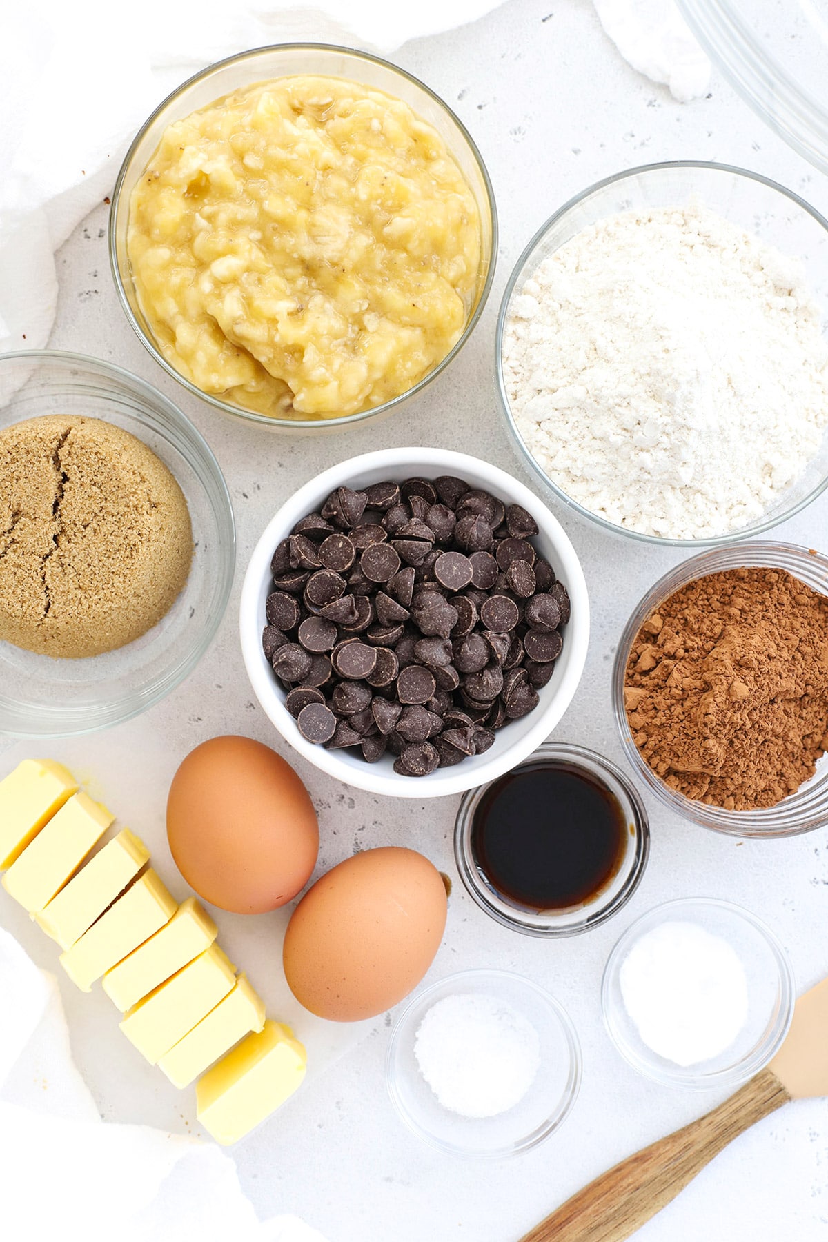 Overhead view of ingredients for gluten-free chocolate banana bread