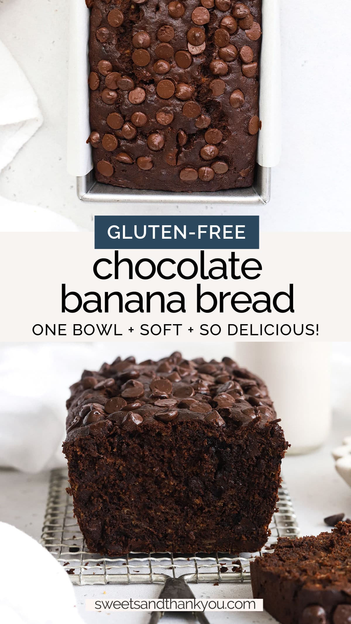 One Bowl Gluten-Free Chocolate Banana Bread - This gluten-free chocolate chocolate chip banana bread recipe is such a delightful way to use up your overripe bananas! It might just become your new favorite. // gluten-free double chocolate banana bread // gluten-free banana bread recipe // gluten-free chocolate chip banana bread // one bowl gluten-free banana bread // easy gluten-free banana bread // chocolate banana bread recipe