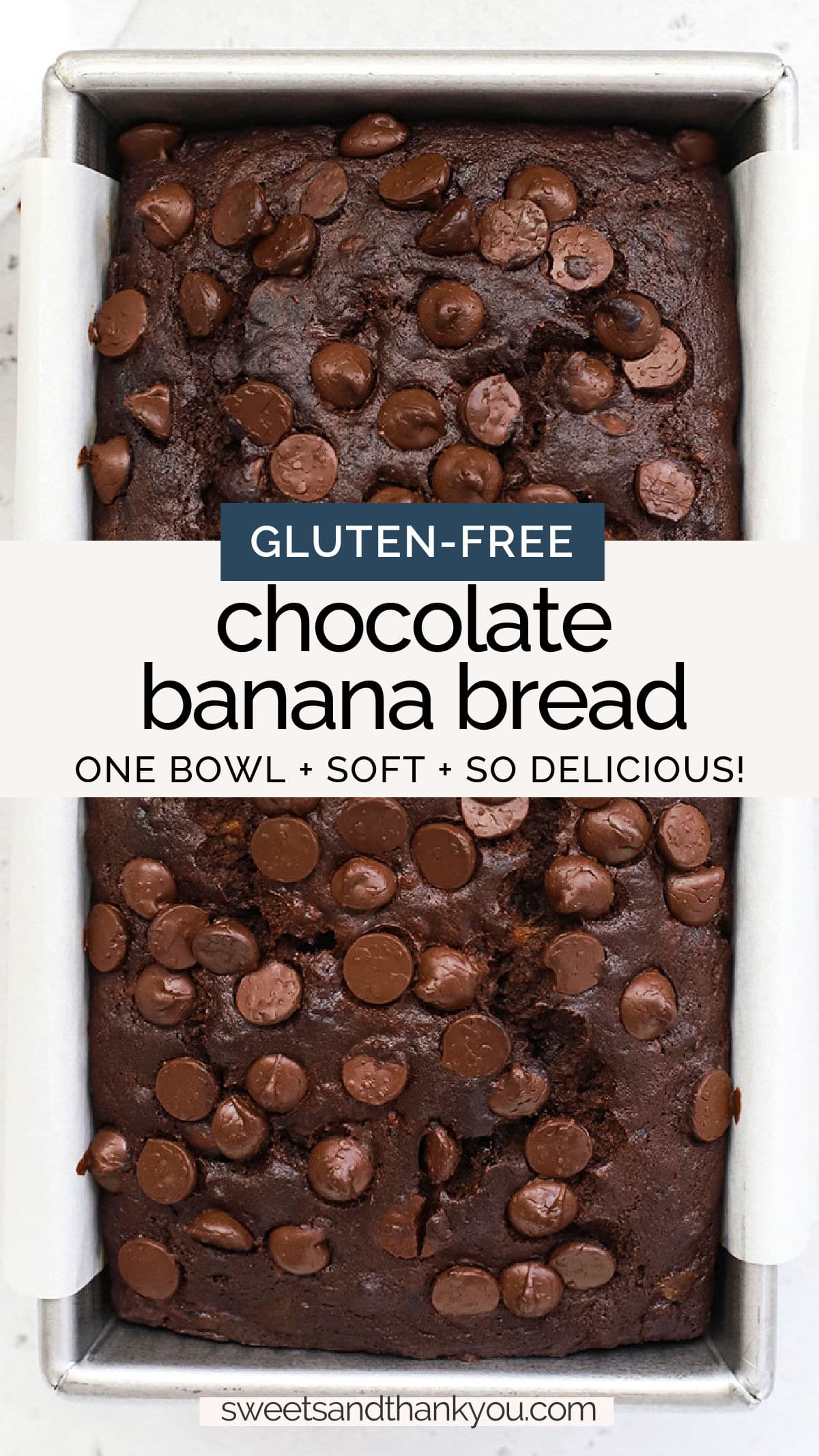 One Bowl Gluten-Free Chocolate Banana Bread - This gluten-free chocolate chocolate chip banana bread recipe is such a delightful way to use up your overripe bananas! It might just become your new favorite. // gluten-free double chocolate banana bread // gluten-free banana bread recipe // gluten-free chocolate chip banana bread // one bowl gluten-free banana bread // easy gluten-free banana bread // chocolate banana bread recipe