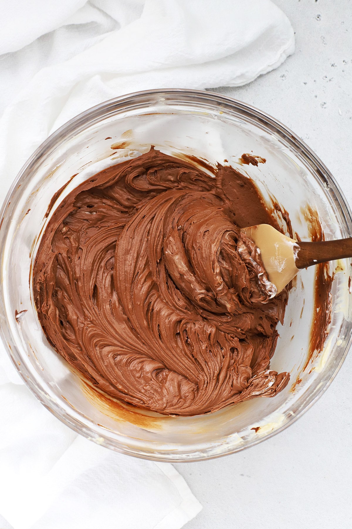 Overhead view of no-bake chocolate cheesecake pie filling