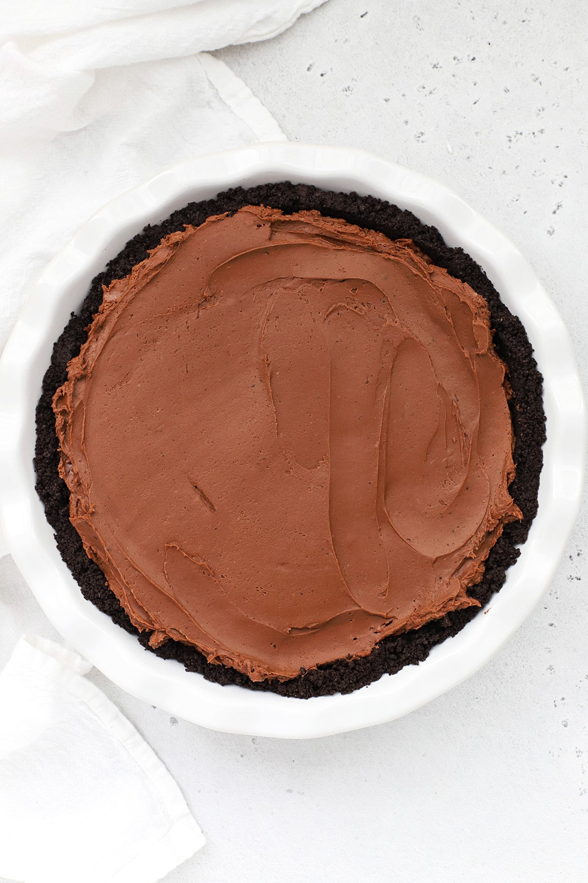 Overhead view of gluten-free no-bake chocolate cheesecake pie