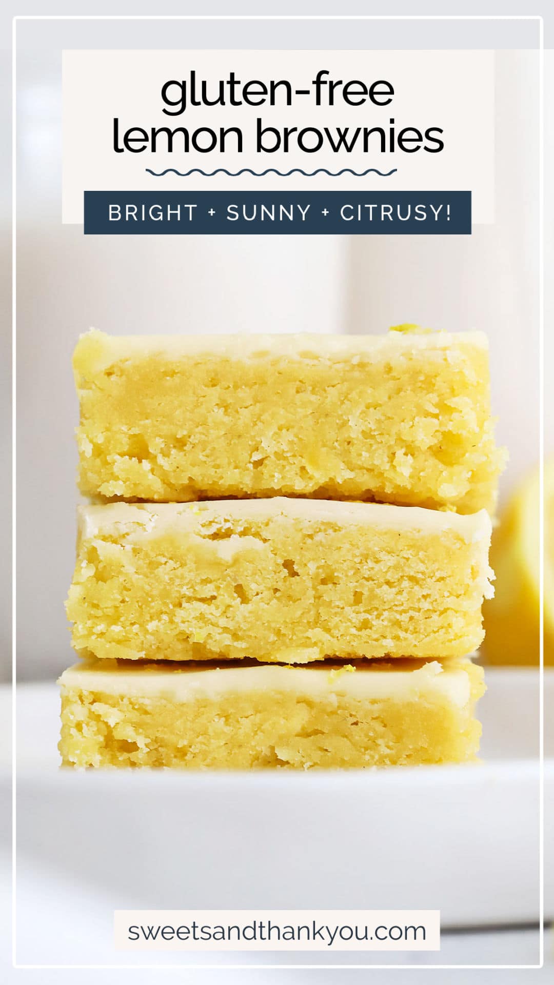 Gluten-Free Lemon Brownies - These fudgy lemon brownies are full of zesty citrus flavor. They're like taking a bite out of sunshine! // gluten free lemon brownie recipe // the best lemon brownies // easy lemon brownies // fudgy lemon brownie recipe // iced lemon brownies // lemon icing // lemon blondies // gluten-free lemon blondies // gluten-free lemon desserts // gluten-free Easter desserts // lemon dessert recipe // gluten-free spring dessert // gluten-free brownies