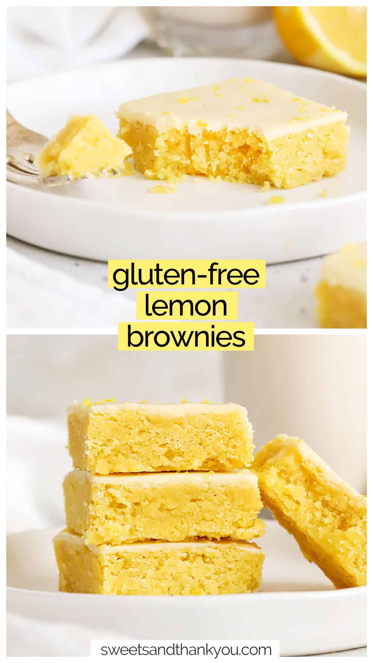 This Gluten-Free Lemon Brownies recipe in unlike any other brownie recipe you've tried! These fudgy lemon brownies are full of zesty citrus flavor--like taking a bite out of sunshine! They're a perfect Easter dessert or spring treat! 