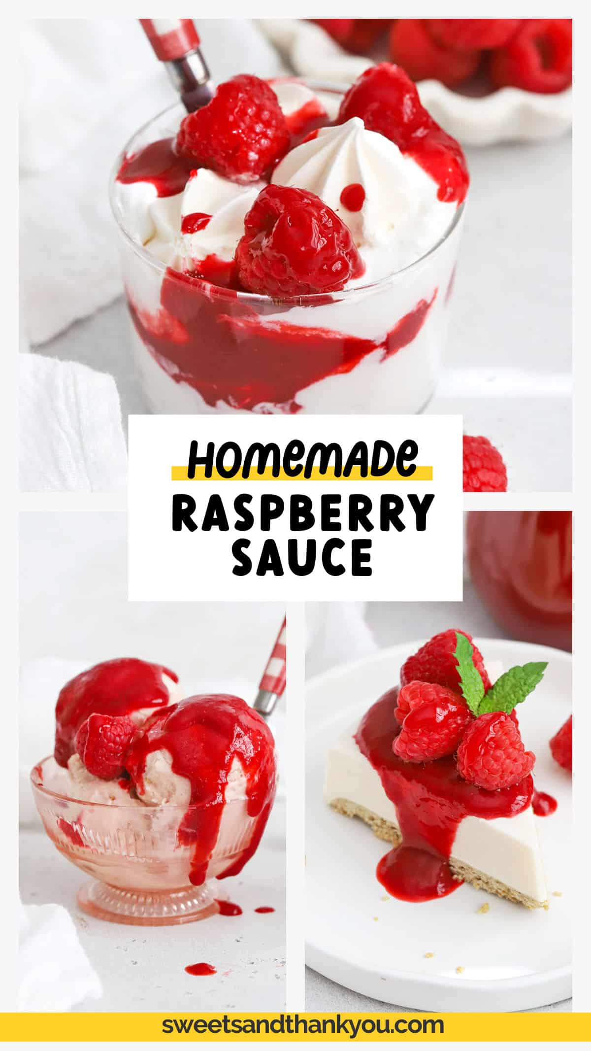How to make Raspberry Coulis! This fresh raspberry sauce recipe adds vibrant fresh flavor to desserts, treats, breakfasts, and more! Try it as a topping for cake, a garnish to a dessert plate, or spoon over breakfast faves like waffles or french toast! It's the perfect raspberry sauce for cheesecake, ice cream, and more. Get the recipe for this homemade raspberry sauce (+delicious ways to use it!) at Sweets & Thank You