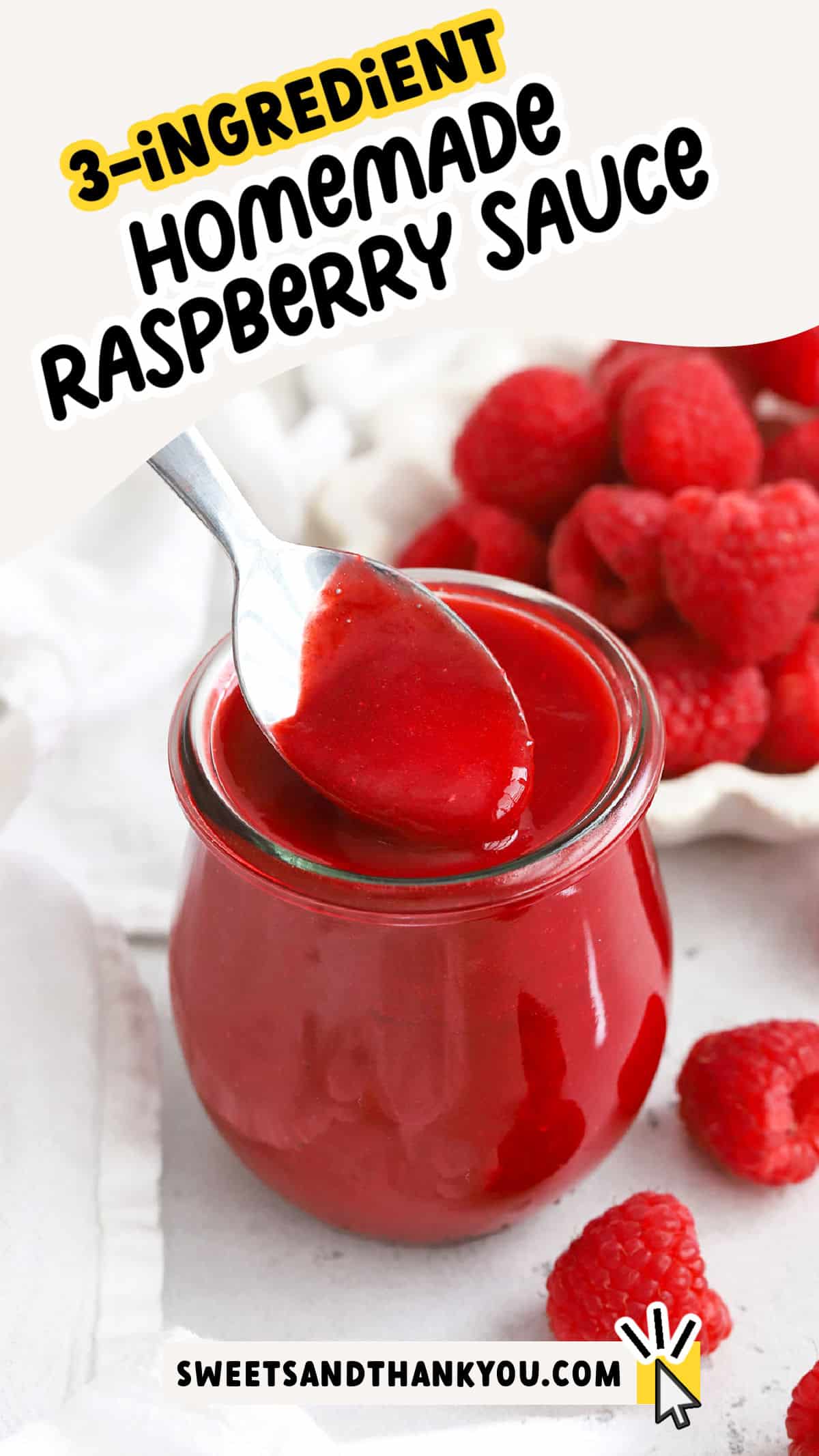 How to make Raspberry Coulis! This fresh raspberry sauce recipe adds vibrant fresh flavor to desserts, treats, breakfasts, and more! Try it as a topping for cake, a garnish to a dessert plate, or spoon over breakfast faves like waffles or french toast! It's the perfect raspberry sauce for cheesecake, ice cream, and more. Get the recipe for this homemade raspberry sauce (+delicious ways to use it!) at Sweets & Thank You