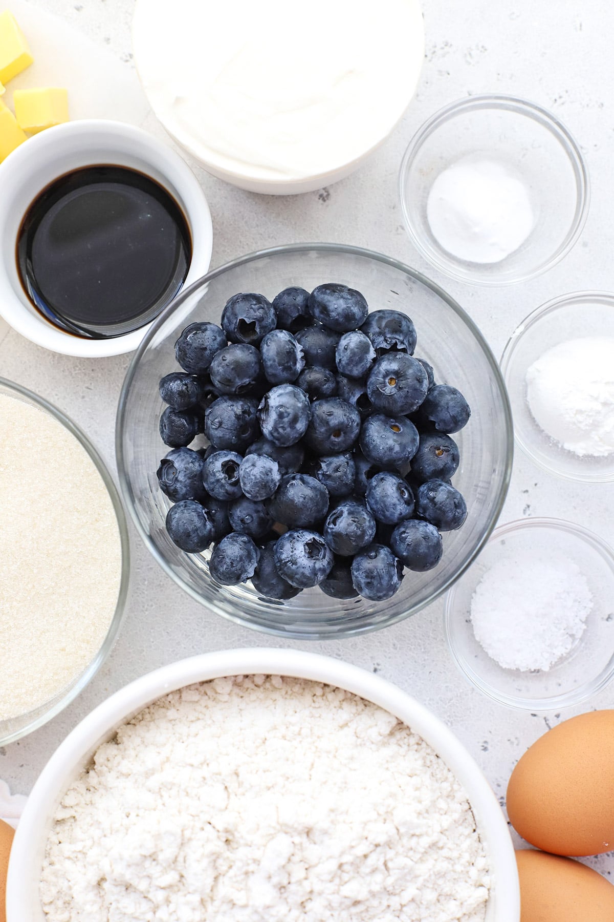 Overhead view of ingredients for gluten-free blueberry coffee cake
