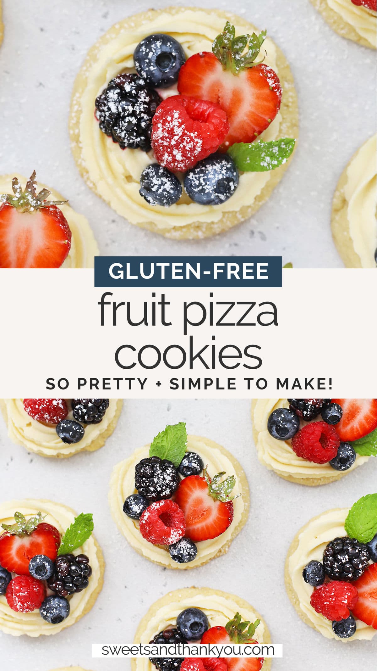 Mini Fruit Pizza Cookies - These mini gluten-free fruit pizzas are made from gluten-Free lemon sugar cookies, a light cream cheese frosting, and fresh berries. They're beautiful and easy! // Gluten-Free Fruit Pizza // Mini Fruit Pizzas // Fruit pizza cookie recipe // Gluten Free lemon cookies 