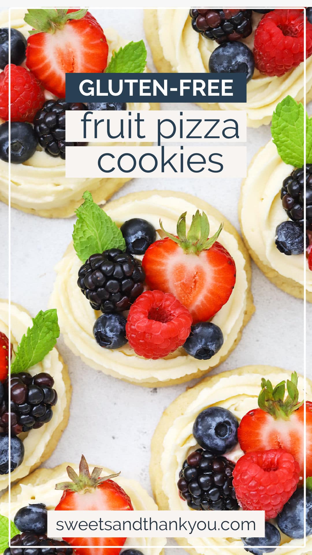 Mini Fruit Pizza Cookies - These mini gluten-free fruit pizzas are made from gluten-Free lemon sugar cookies, a light cream cheese frosting, and fresh berries. They're beautiful and easy! // Gluten-Free Fruit Pizza // Mini Fruit Pizzas // Fruit pizza cookie recipe // Gluten Free lemon cookies 