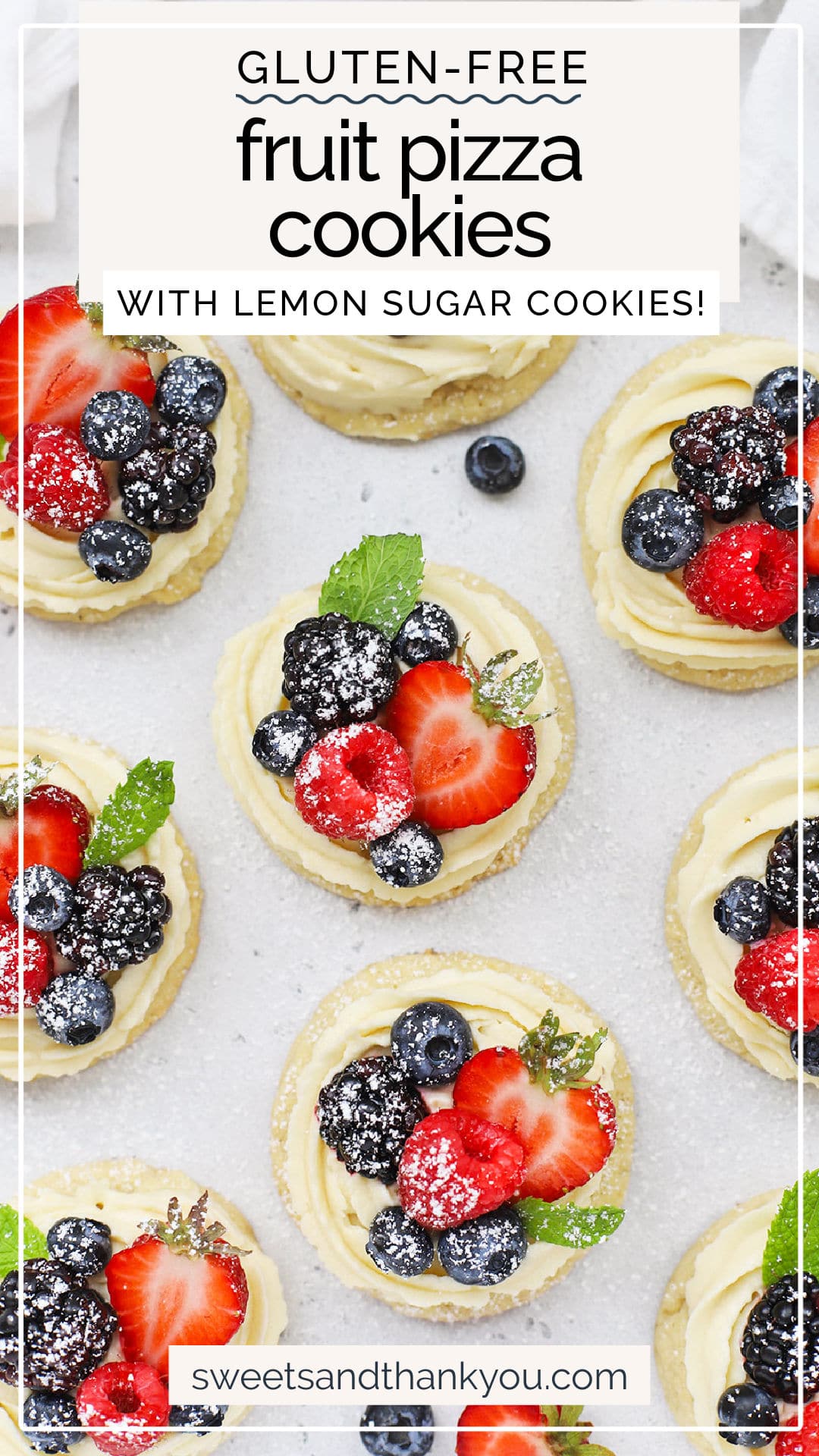 Mini Fruit Pizza Cookies - These mini gluten-free fruit pizzas are made from gluten-Free lemon sugar cookies, a light cream cheese frosting, and fresh berries. They're beautiful and easy! // Gluten-Free Fruit Pizza // Mini Fruit Pizzas // Fruit pizza cookie recipe // Gluten Free lemon cookies