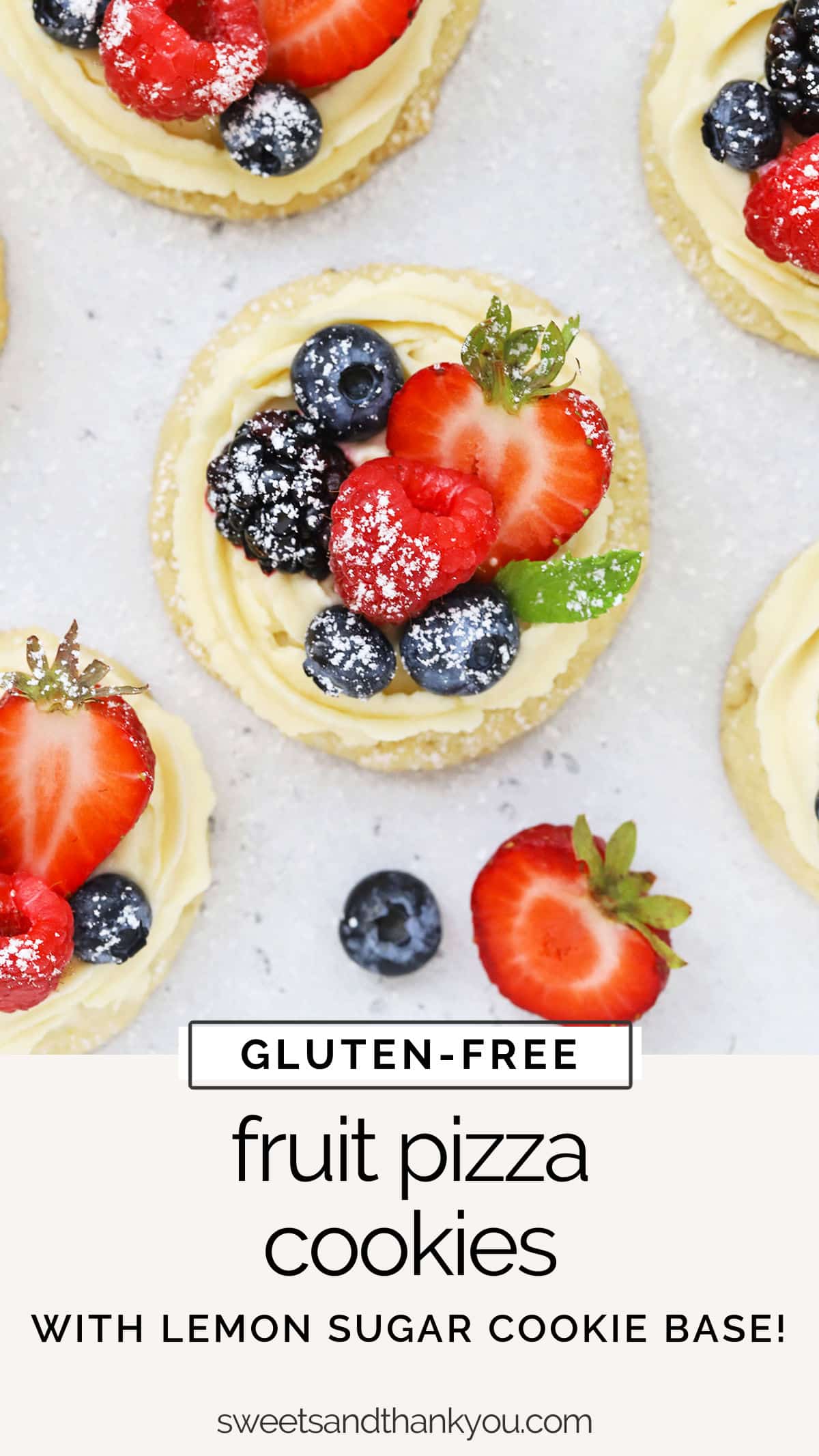 Mini Fruit Pizza Cookies - These mini gluten-free fruit pizzas are made from gluten-Free lemon sugar cookies, a light cream cheese frosting, and fresh berries. They're beautiful and easy! // Gluten-Free Fruit Pizza recipe // Mini Fruit Pizzas // Fruit pizza cookie recipe // Gluten Free lemon cookies
