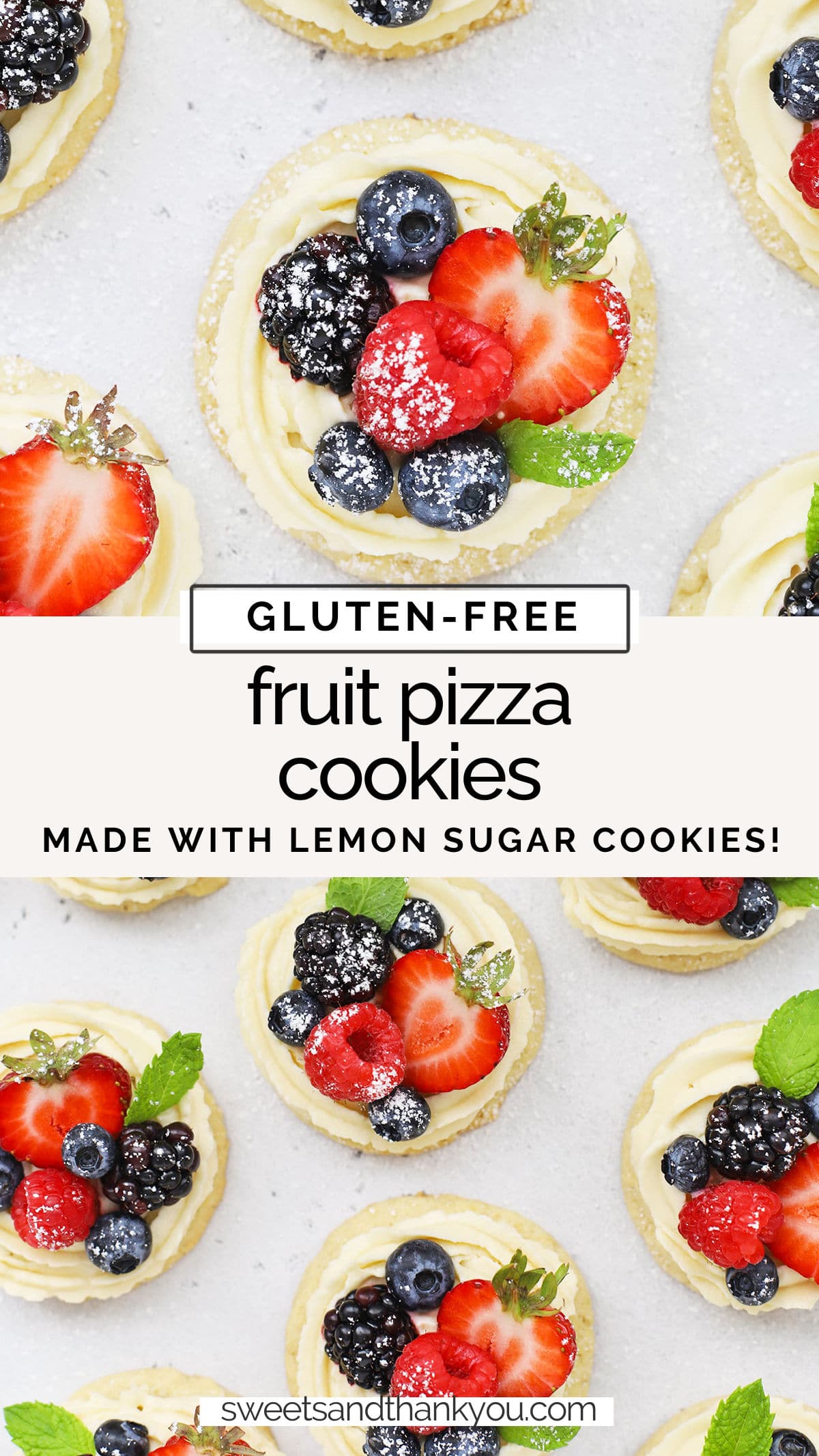 Mini Fruit Pizza Cookies - These mini gluten-free fruit pizzas are made from gluten-Free lemon sugar cookies, a light cream cheese frosting, and fresh berries. They're beautiful and easy! // Gluten-Free Fruit Pizza recipe // Mini Fruit Pizzas // Fruit pizza cookie recipe // Gluten Free lemon cookies