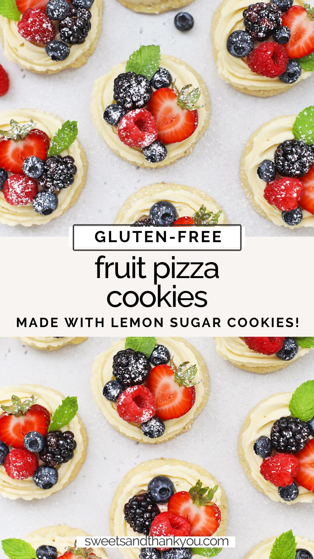 Mini Fruit Pizza Cookies - These mini gluten-free fruit pizzas are made from gluten-Free lemon sugar cookies, a light cream cheese frosting, and fresh berries. They're beautiful and easy! // Gluten-Free Fruit Pizza // Mini Fruit Pizzas // Fruit pizza cookie recipe // Gluten Free lemon cookies