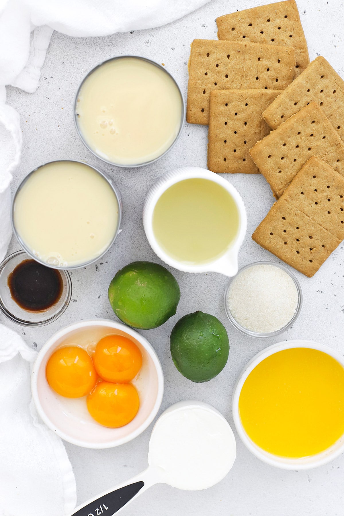 Overhead view of ingredients for gluten-free key lime pie bars