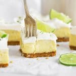 Front view of gluten-free key lime pie bars with graham cracker crust