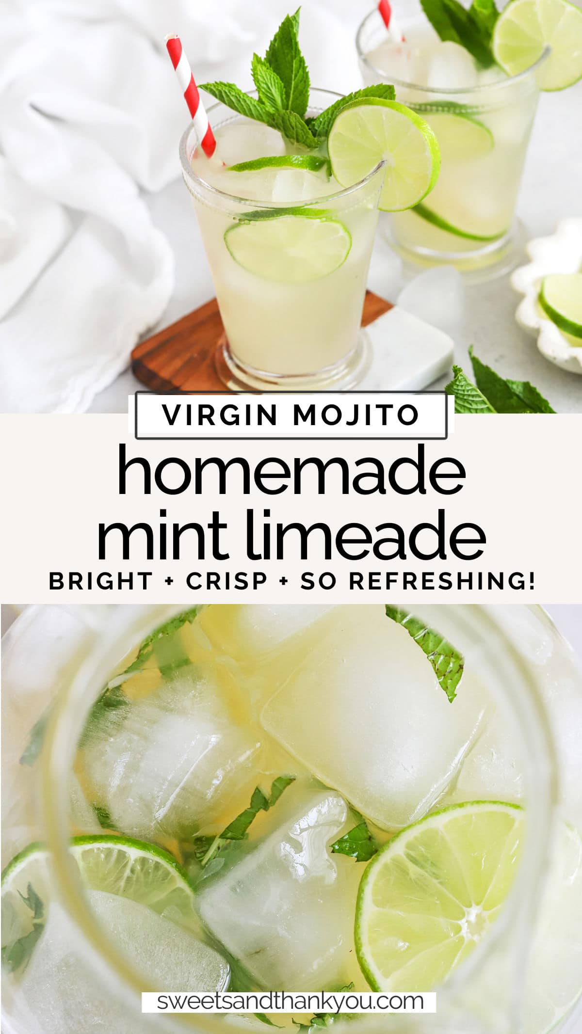 Mint Limeade AKA Virgin Mojitos! - This homemade limeade is kissed with fresh mint & tastes amazing. It's the perfect non-alcoholic drink for a celebration! // non alcoholic mojitos // virgin mojito recipe // homemade limeade recipe // cafe rio limeade / mocktail / lime mocktail / summer mocktail / summer drink / limeade from scratch / lime lemonade / lime drink recipe / lime drinks