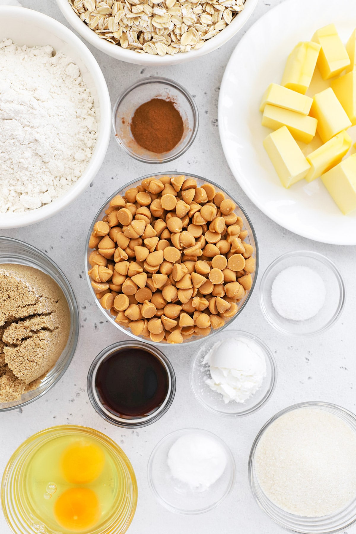 Overhead view of ingredients for gluten-free oatmeal scotchies