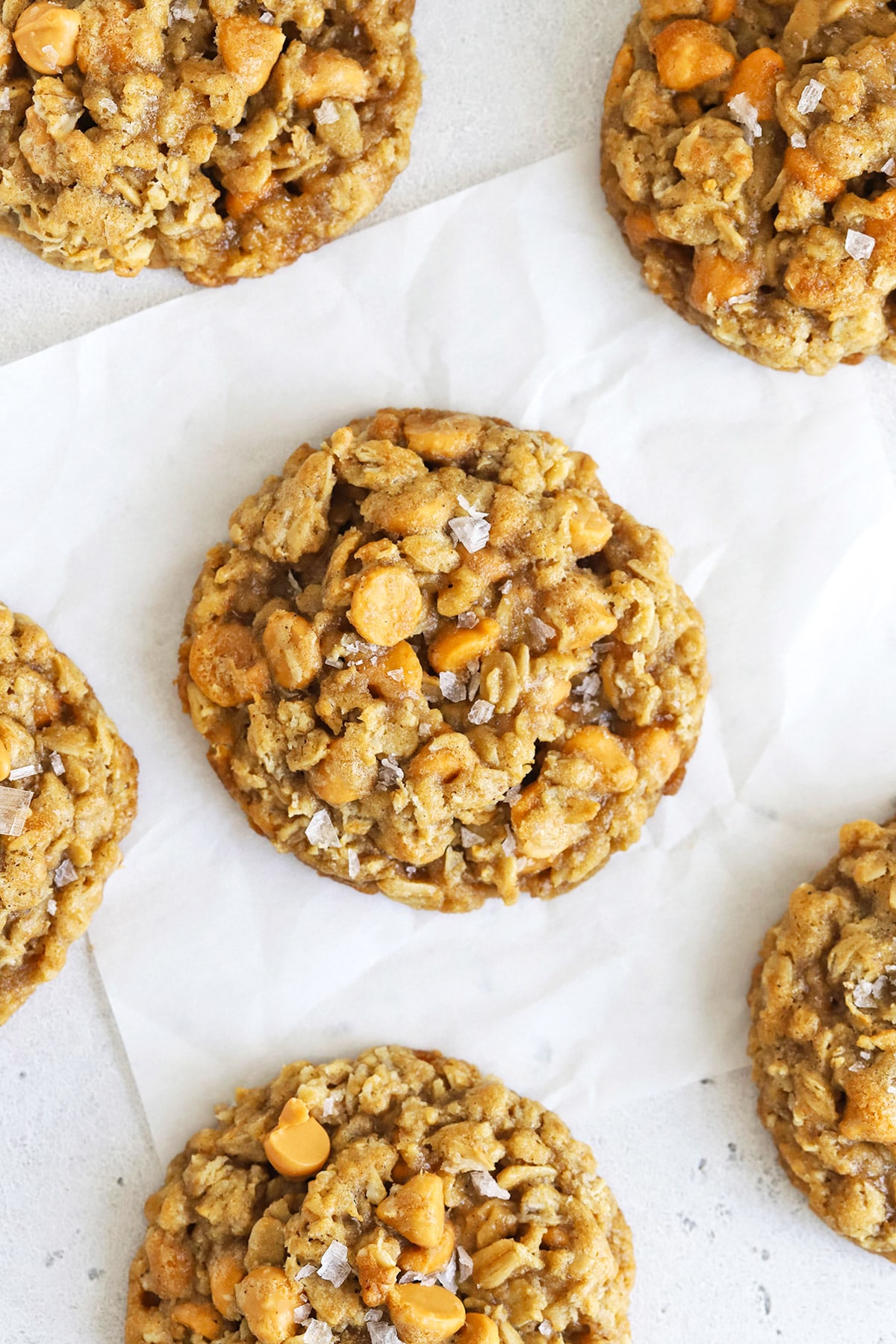 gluten free oatmeal butterscotch cookies topped with flaky sea salt