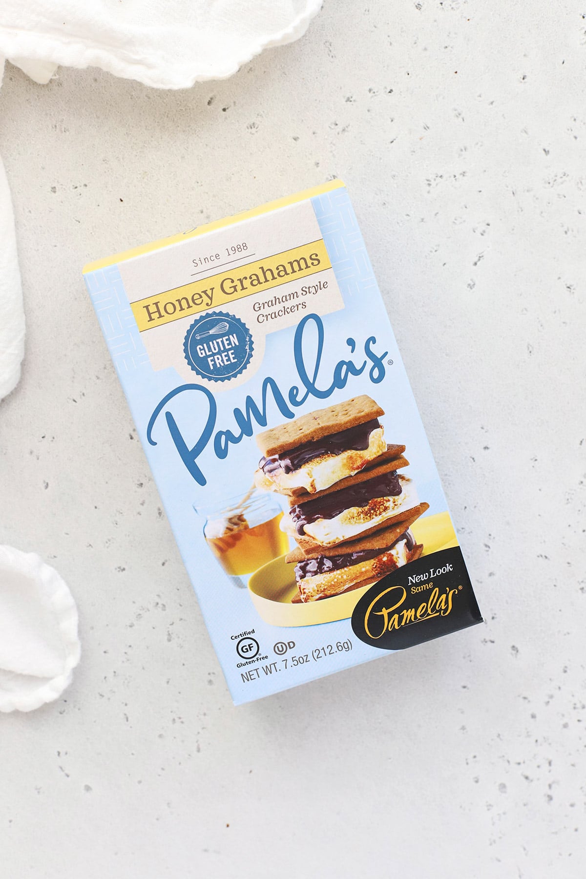 Pamela's gluten-free graham crackers on a white backdrop