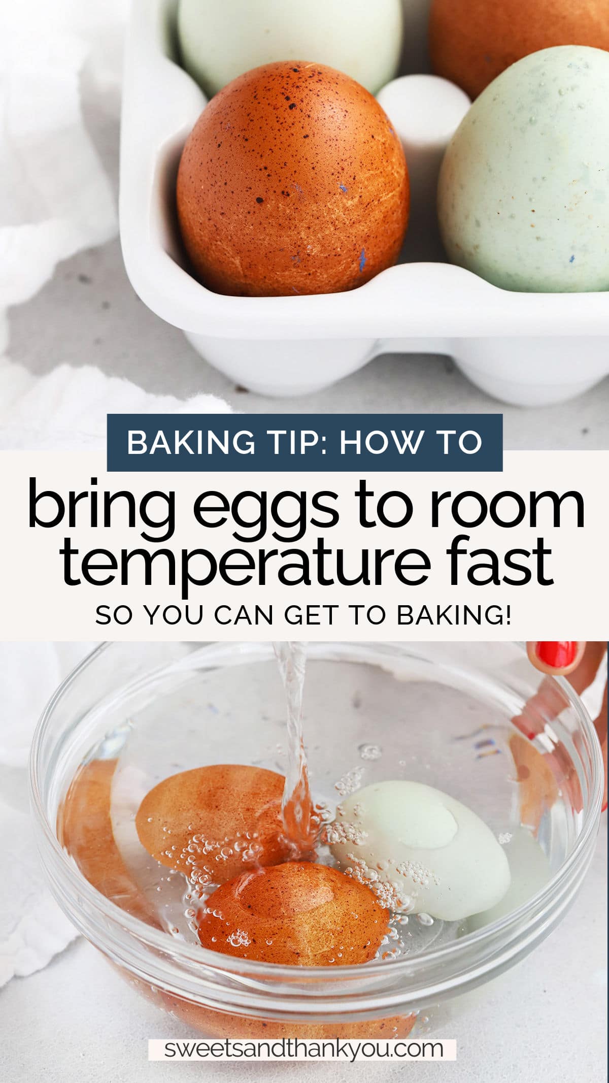 How To Get Eggs To Room Temperature Quickly - Learn the best trick for getting eggs to room temperature quickly & why room temperature eggs are important! / how long does it take eggs to get to room temperature / water trick for bringing eggs to room temperature / how to bring separated eggs to room temperature / when you need to use room temperature eggs / what temperature are room temperature eggs / when can you use cold eggs / how to tell eggs are room temperature