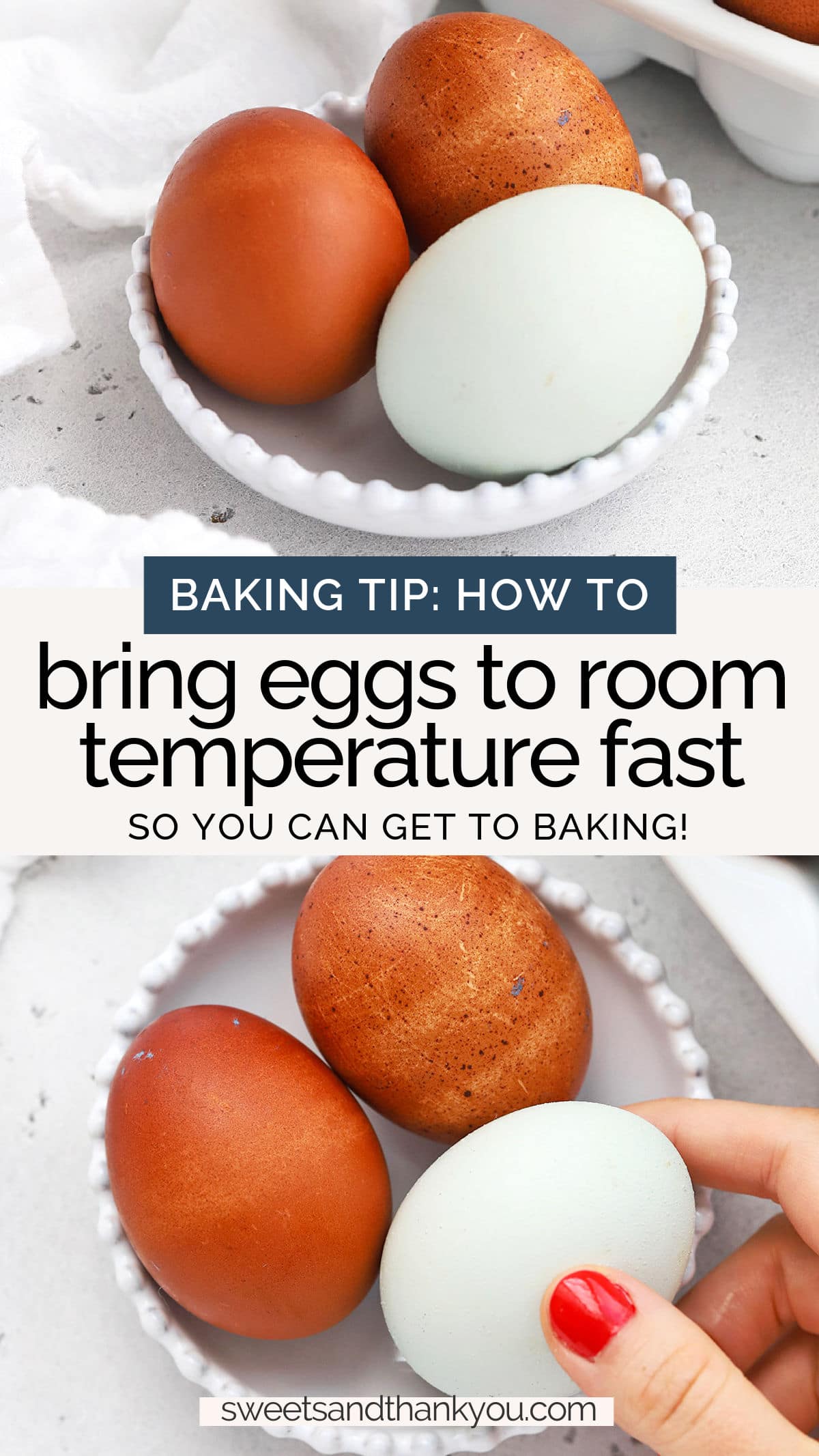 How To Get Eggs To Room Temperature Quickly - Learn the best trick for getting eggs to room temperature quickly & why room temperature eggs are important! / how long does it take eggs to get to room temperature / water trick for bringing eggs to room temperature / how to bring separated eggs to room temperature / when you need to use room temperature eggs / what temperature are room temperature eggs / when can you use cold eggs / how to tell eggs are room temperature