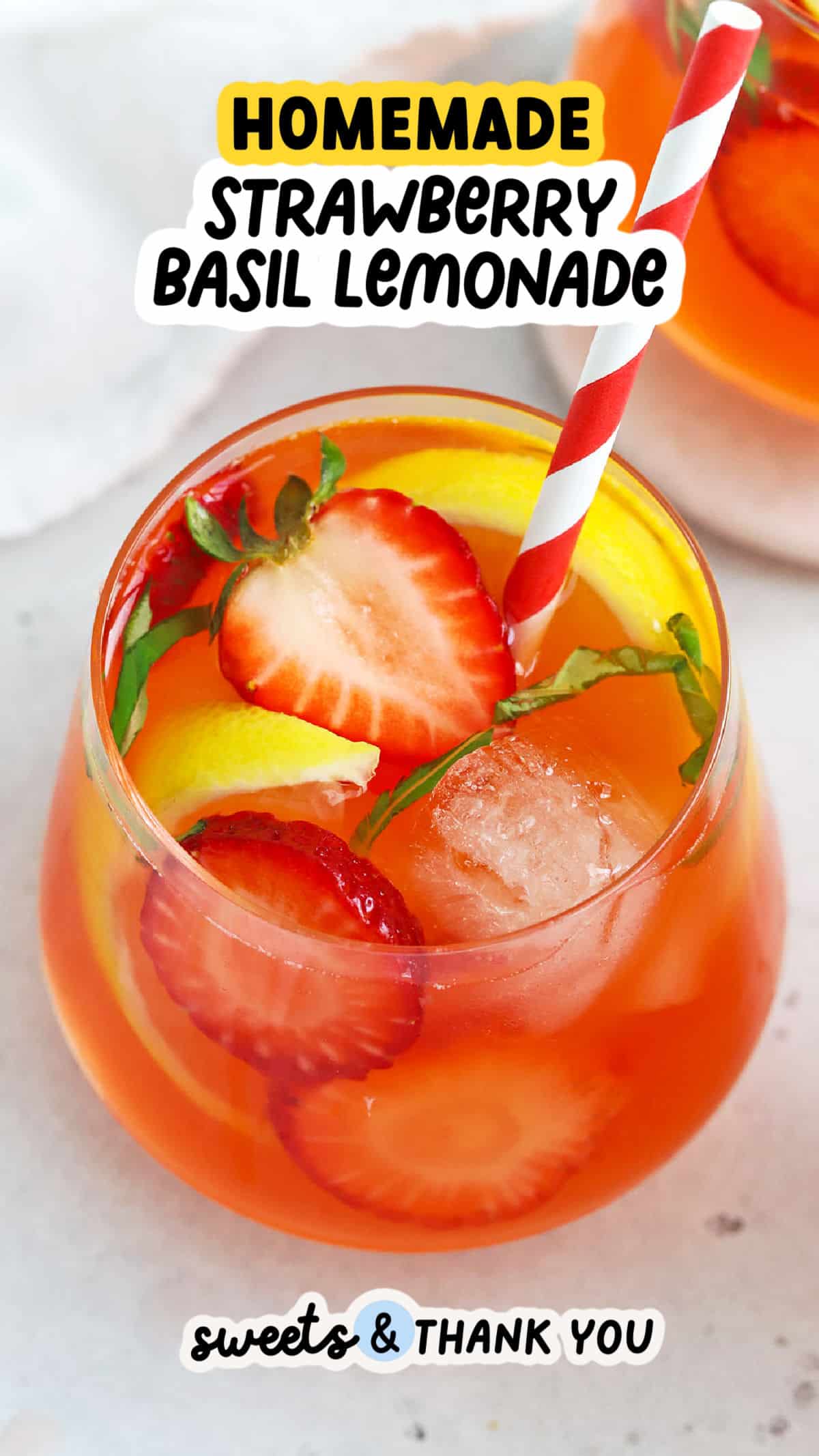 The perfect summer drink = Strawberry Basil Lemonade! This homemade strawberry lemonade recipe tastes incredible thanks to a few secret ingredients. It's better than restaurant lemonade--the perfect easy summer drink recipe. 