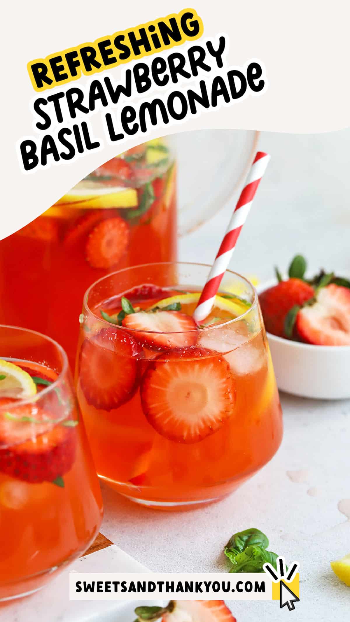 The perfect summer drink = Strawberry Basil Lemonade! This homemade strawberry lemonade recipe tastes incredible thanks to a few secret ingredients. It's better than restaurant lemonade--the perfect easy summer drink recipe. 